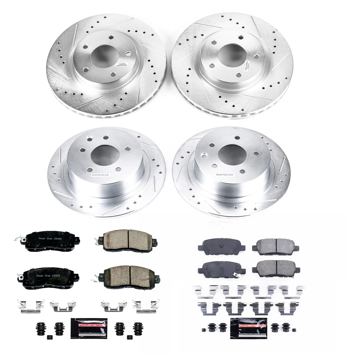 Brake Kit Power Stop For 2013 2014 2015 2016 2017 2018 2019 2020 2021 2022 2023 Nissan Altima Front and Rear Z23 Carbon Fiber Brake Pads with Drilled and Slotted Brake Rotors K6495