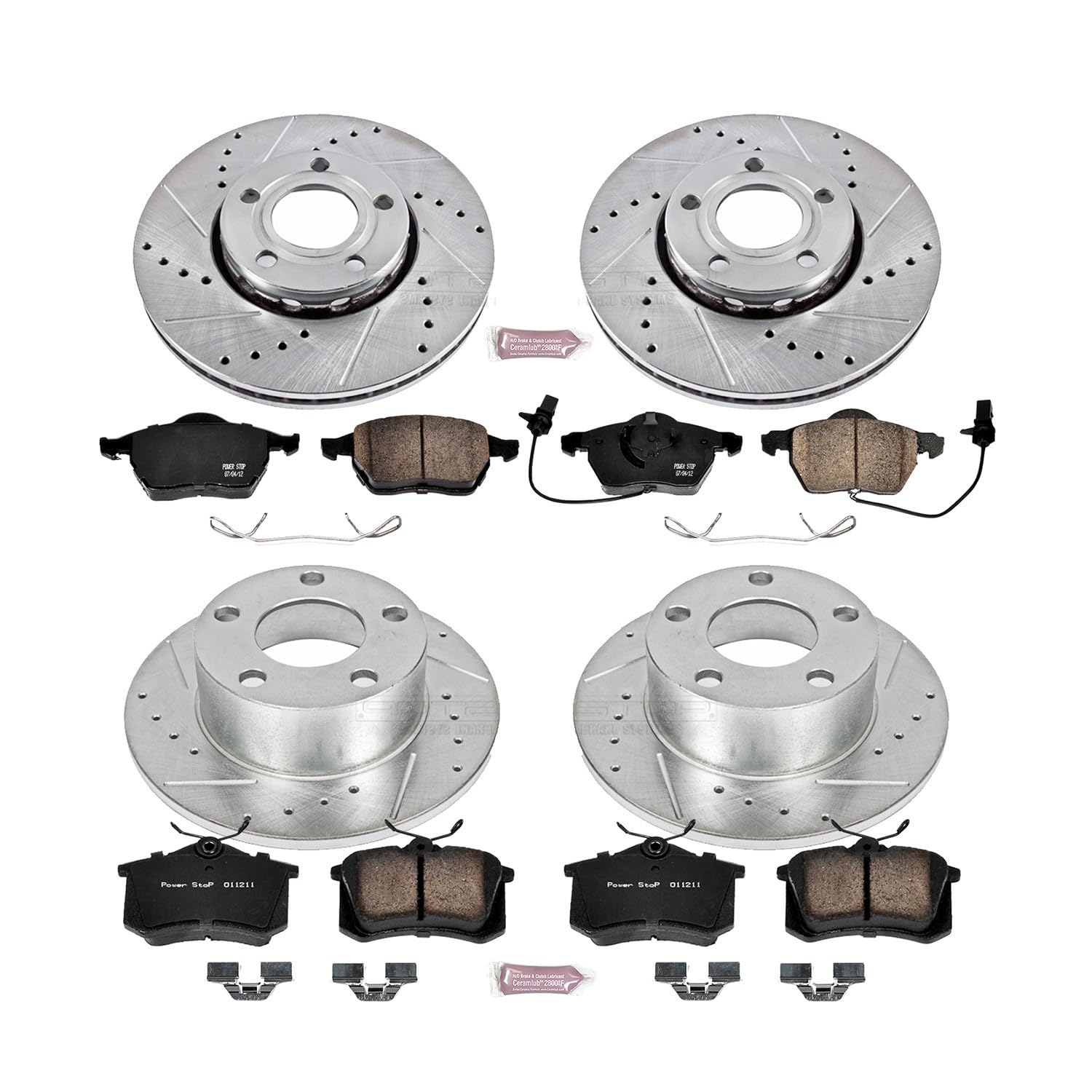 Power Stop K529 Z23 Carbon Fiber Brake Pads Front and Rear with Drilled & Slotted Brake Rotors Kit For Audi A6 1998-2001, Volkswagen Passat 1999-2005 [Model Specific]