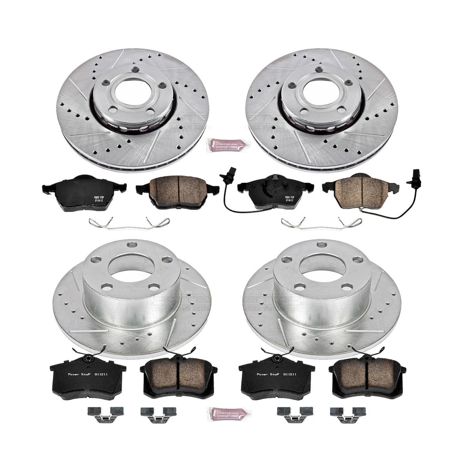 Power Stop K529 Z23 Carbon Fiber Brake Pads Front and Rear with Drilled & Slotted Brake Rotors Kit For Audi A6 1998-2001, Volkswagen Passat 1999-2005 [Model Specific]