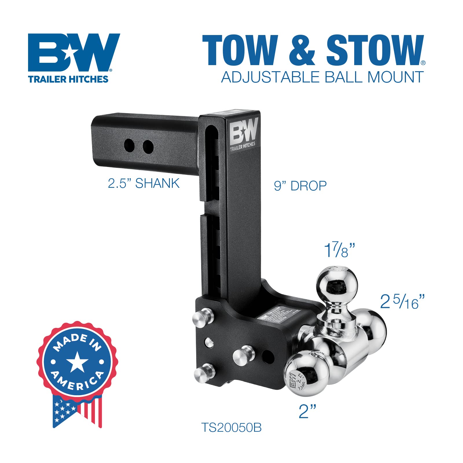 Tow & Stow B&W Trailer Hitches Adjustable Trailer Hitch Ball Mount - Fits 2.5" Receiver, Tri-Ball (1-7/8" x 2" x 2-5/16"), 8.5" Drop, 18,000 GTW - TS20050B