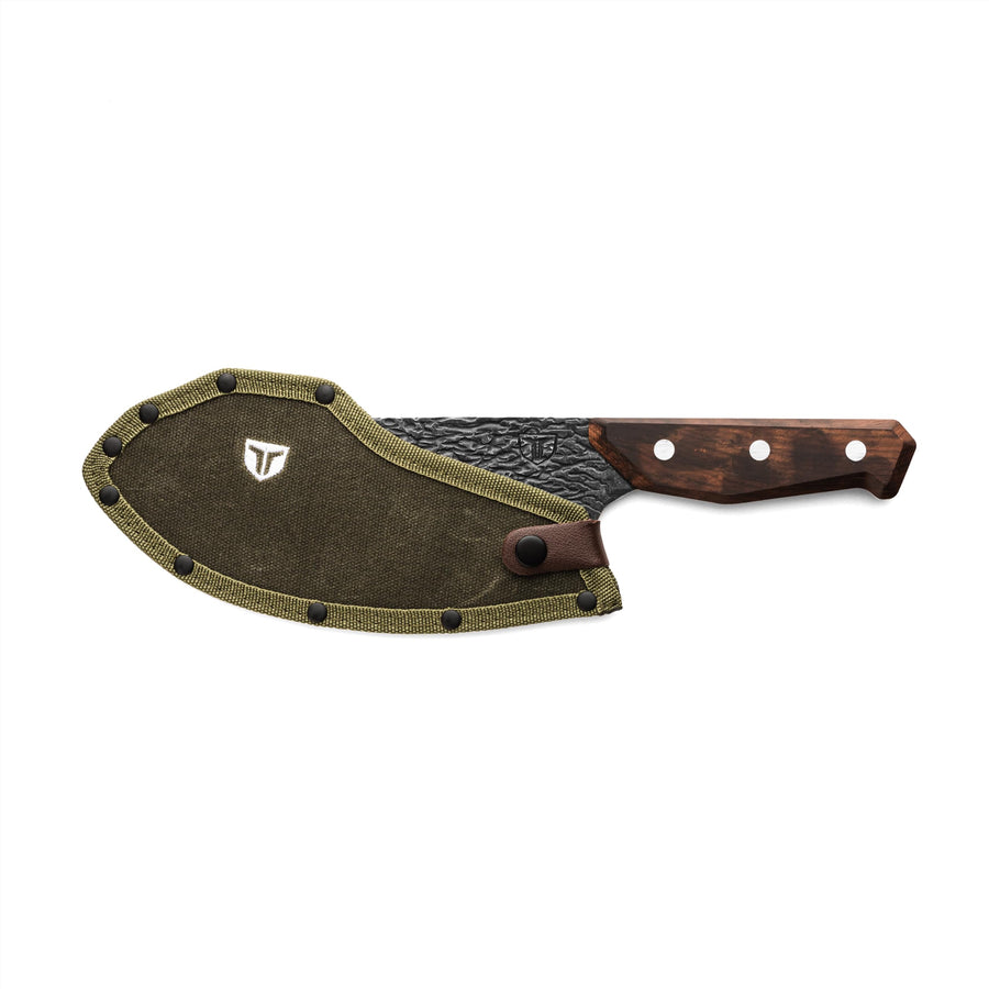 PrimalForge TRUE Butcher Knife | Chop & Mince Aromatics Herbs & Meat, Home & Professional Use, Sharp 5Cr15MoV Stainless Steel Blade, Wood Handle, Water-Resistant, Hand Forged Appearance