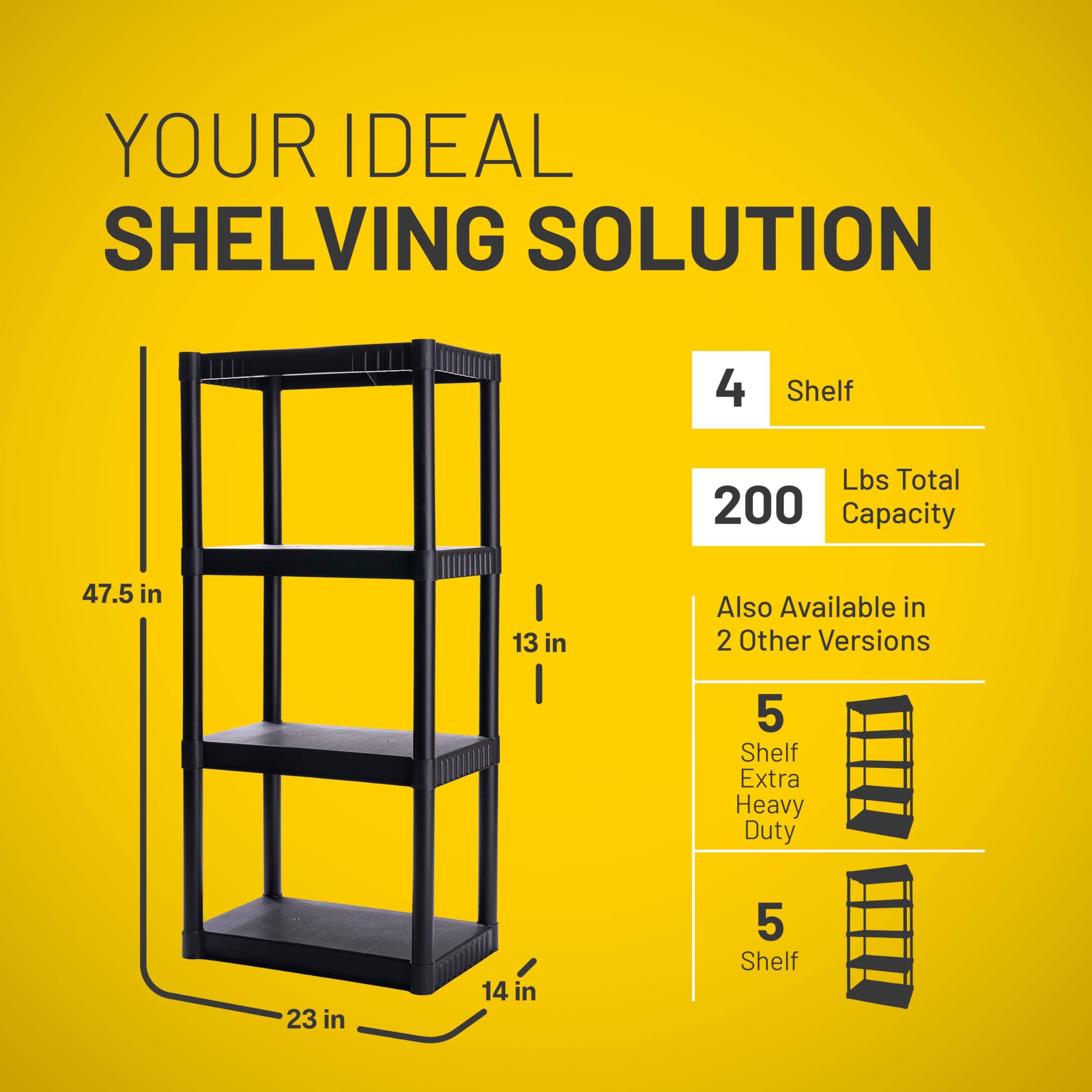 4-Shelf Plano Plastic Storage Shelves, 48” x 23” x 14”, 200lb Capacity, Office, Pantry, Closet and Garage Shelves, Easy to Assemble, Durable Plastic Shelving Unit