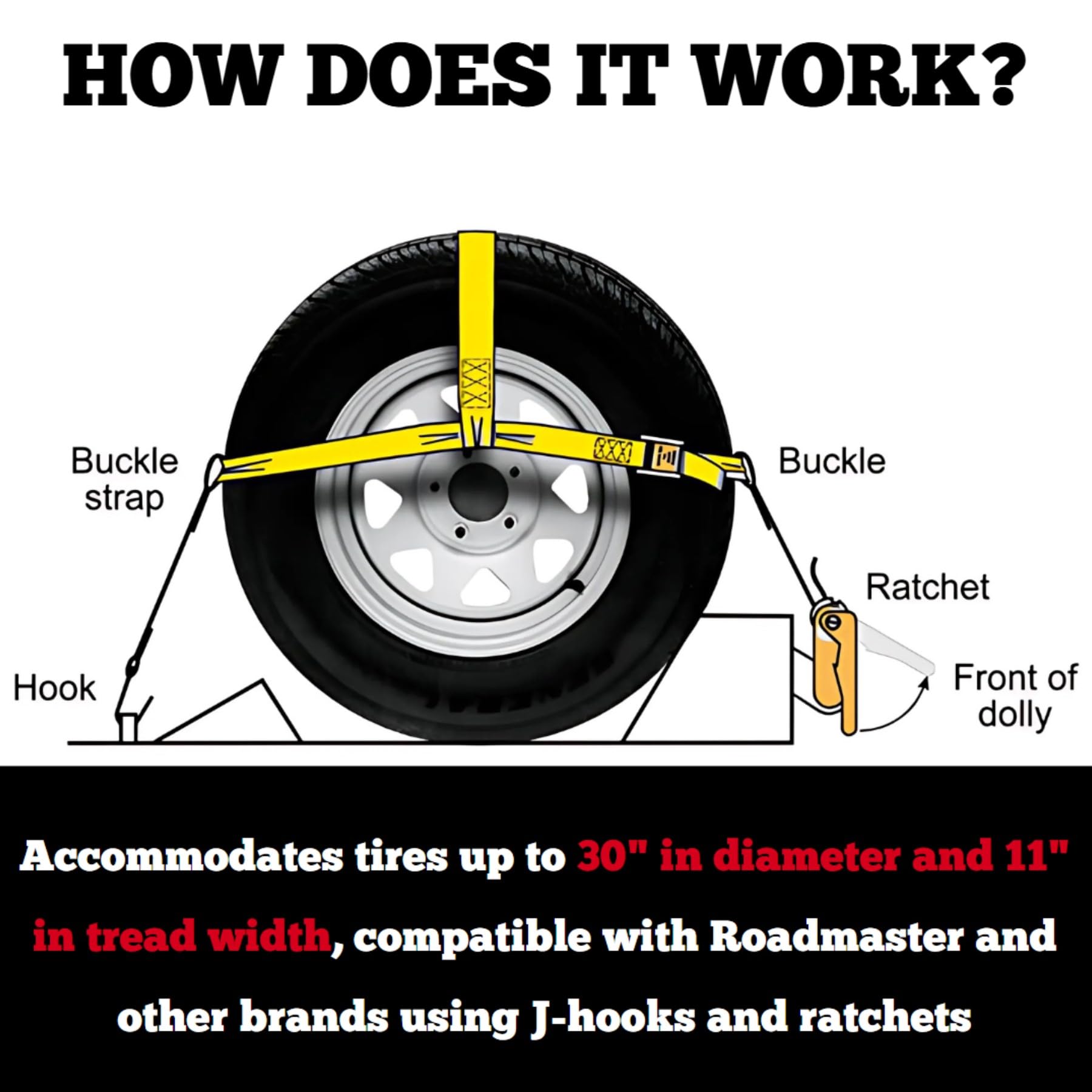 Single Roadmaster 2150 Universal Tie Down Strap | Compatible with Tires up to 30" Diameter & 11" Tread Width | 2" Wide Nylon Webbing | 5,000 Pound Capacity | Secures Vehicle to Tow Dolly