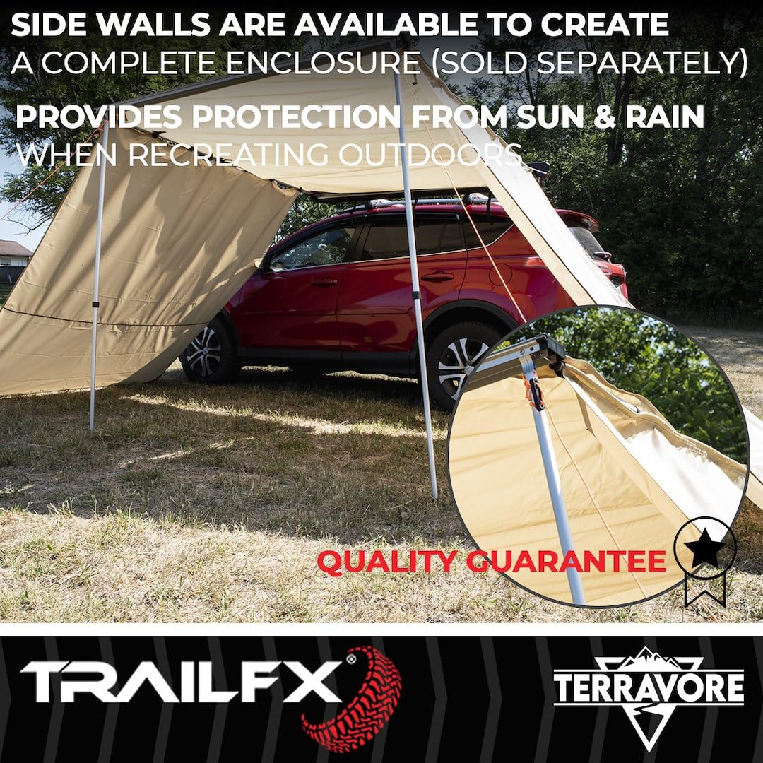 TrailFX 8 Foot Length Roof Rack Mounted Awning x 8 Foot Extension Terravore Manual Tan 420D Oxford Polyester Canopy with Black Weather Cover Aluminum Frame and Poles AWN003 TrailFX