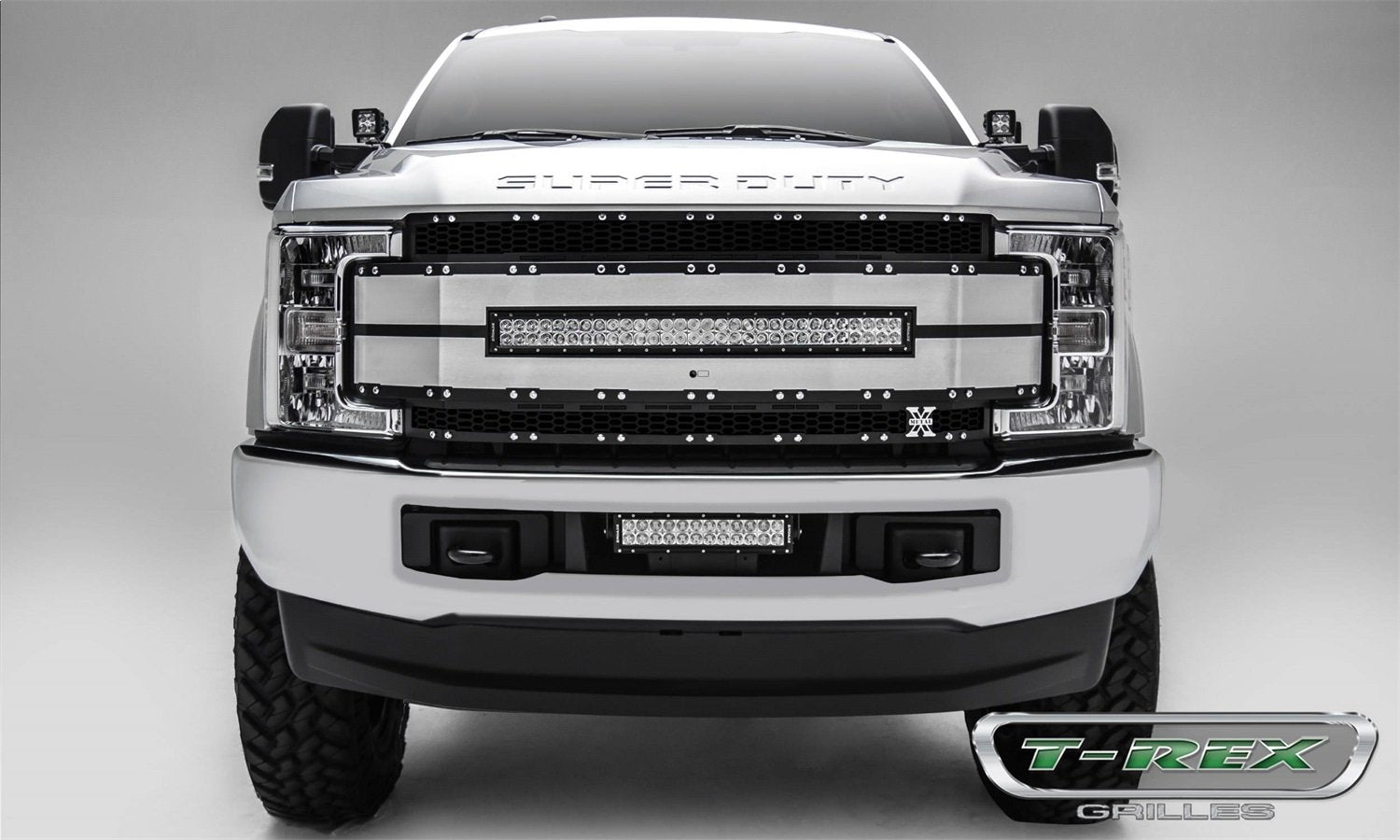 T-Rex Grilles Torch AL Grille 2017-2019 Super Duty, Black Mesh, Brushed Trim, 1 Pc, Replacement, Chrome Studs with (1) 30" LED, Fits Vehicles with Camera - PN #6315493