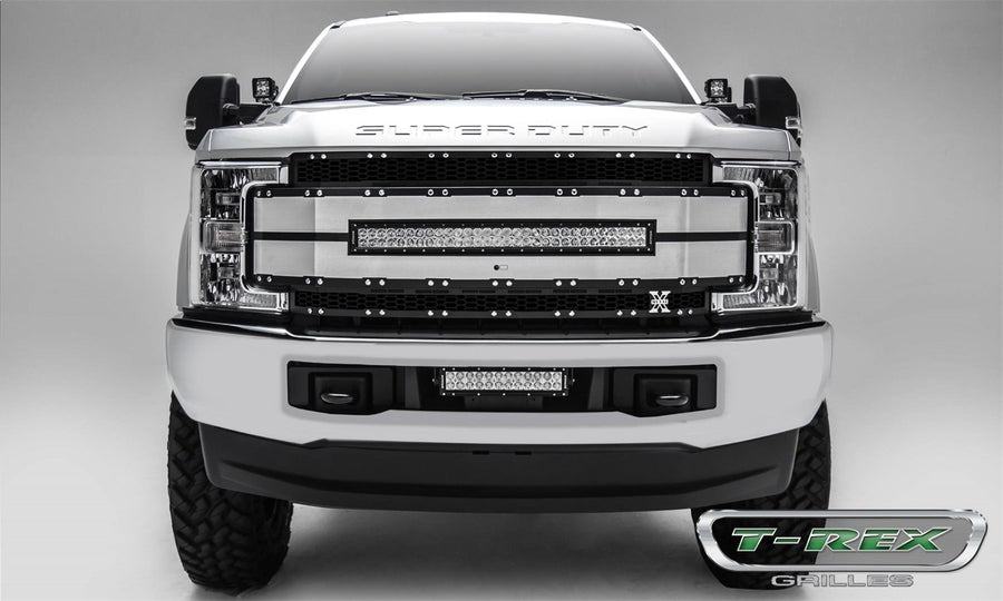 T-Rex Grilles Torch AL Grille 2017-2019 Super Duty, Black Mesh, Brushed Trim, 1 Pc, Replacement, Chrome Studs with (1) 30" LED, Fits Vehicles with Camera - PN #6315493