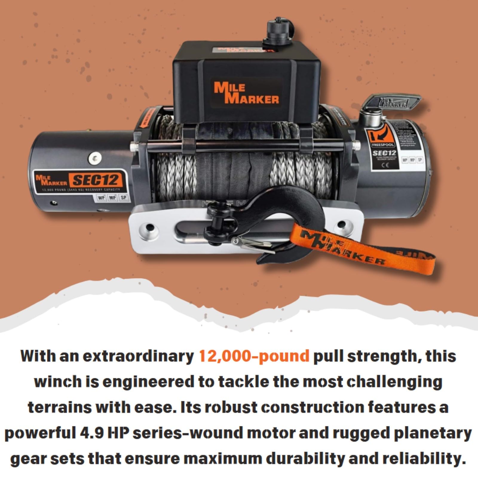 SEC12 Mile Marker 76-53251BW Winch - 12000 lb. Pull Strength - Synthetic Rope & Hawse Fairlead - Built for Tough Terrains - Waterproof - Handheld Remote Controller Included - Withstands Rigorous Use