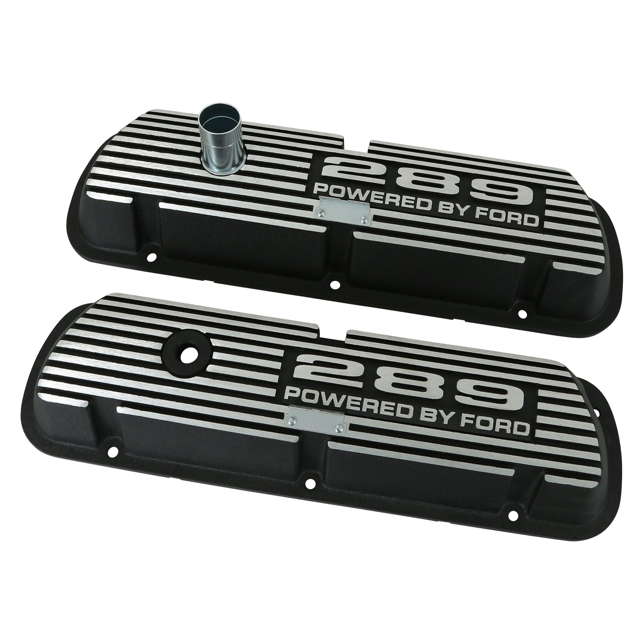 Aluminum Valve Covers Scott Drake with Official 289" "Powered by Ford Lettering in a Silver Powder Coated Finish, Compatible with 1964-1973 Ford Mustang, Model 6A582-289