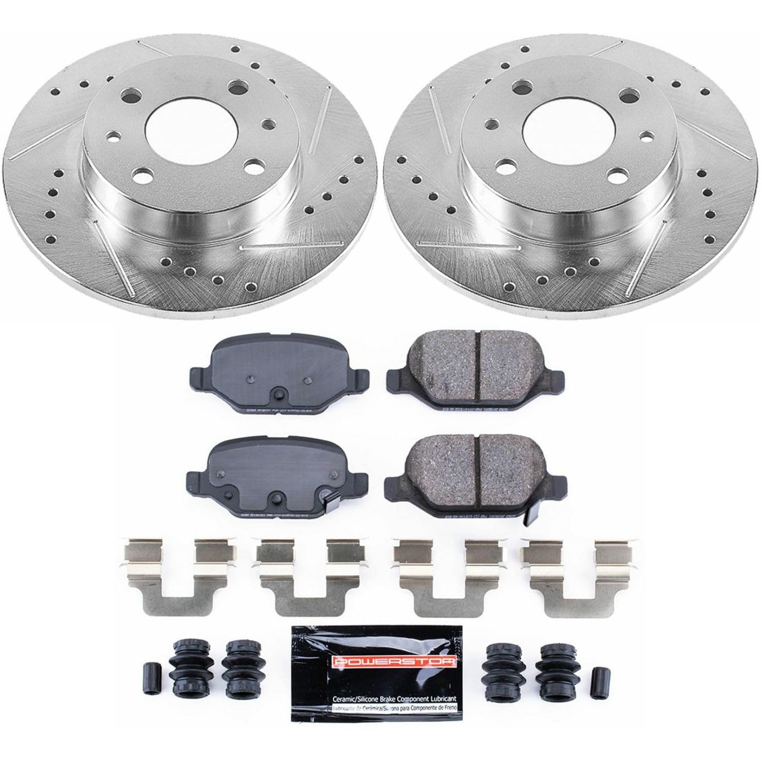 Power Stop K6292 Rear Brake Pads Z23 Carbon Fiber with Drilled & Slotted Brake Rotors Kit For Fiat 500 2012-2019 [Model Specific]