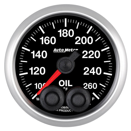 Gauge, AutoMeter 5638-05702-D, Oil Temp, 2 1/16", 260ºf, Stepper Motor W/Pk & Wrn, Elite, High Temp Cal
