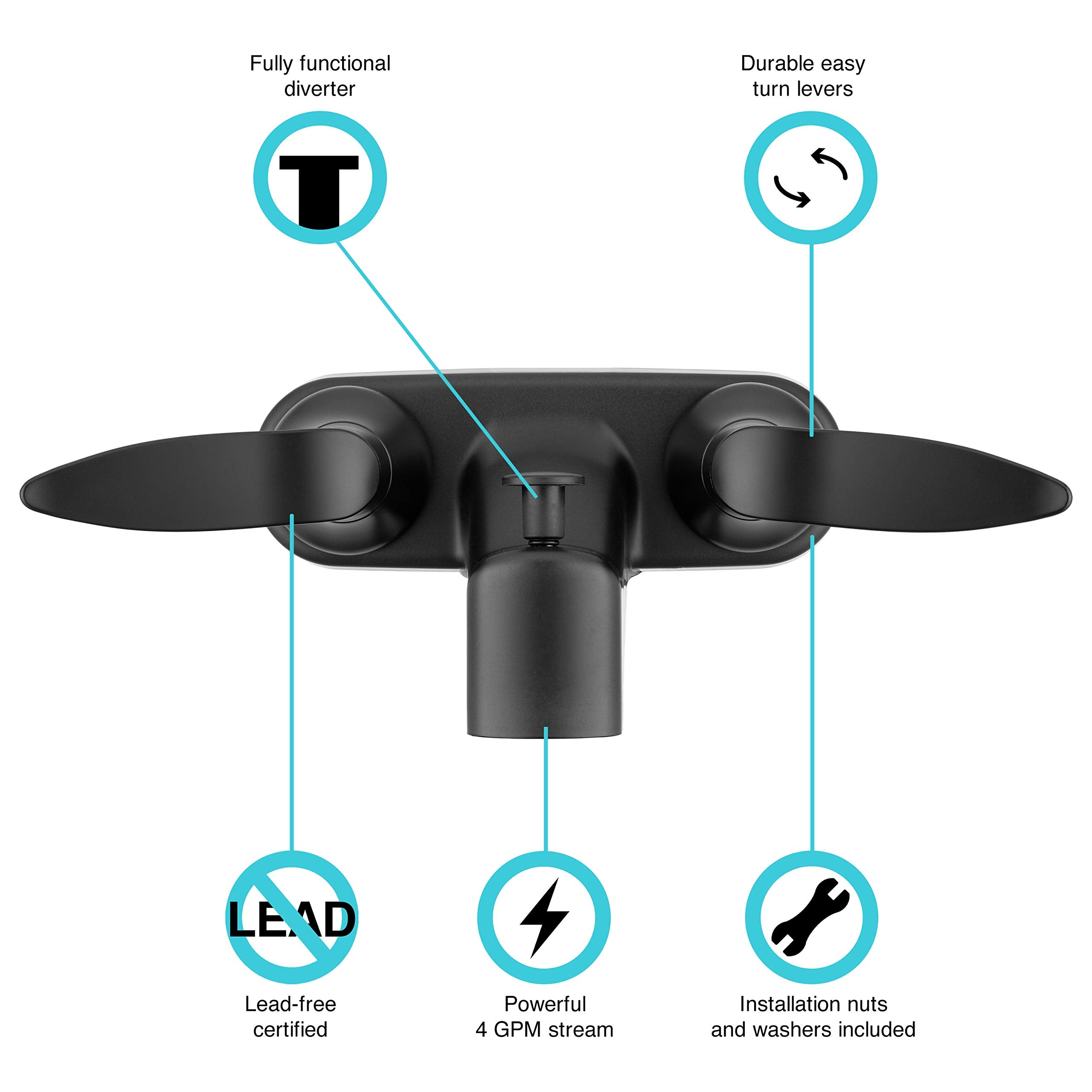 Dura Faucet RV Tub, Shower Faucet Valve Diverter DF-SA110LH-MB with Winged Levers (Matte Black)