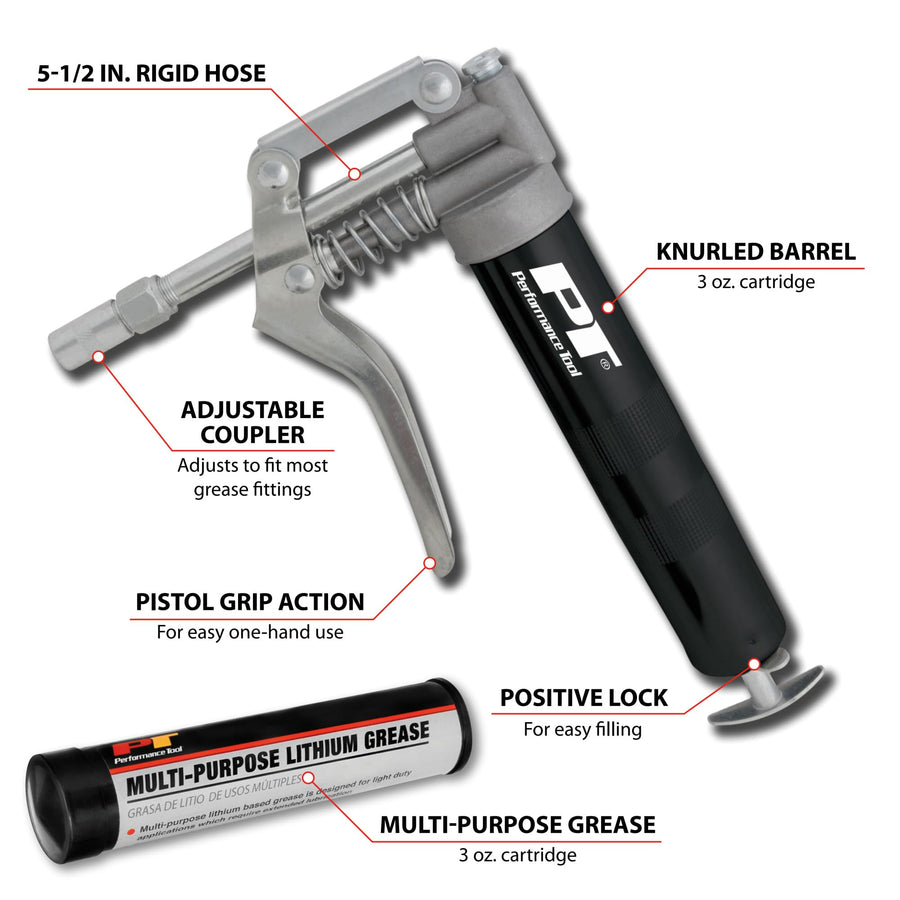 Mini Grease Gun Kit Performance Tool W54205 with Grease Black