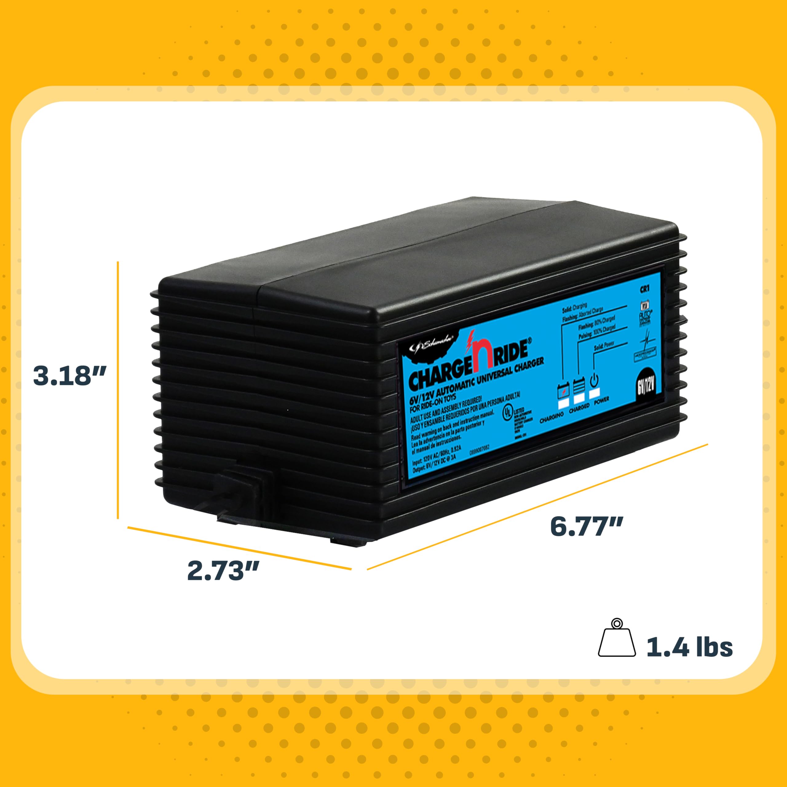 Schumacher Electric Universal Charge 'n Ride Battery Charger and Maintainer for Ride-on Toys, CR1, 2-in-1, Fully Automatic, 3 Amps, 6 Volt, 12 Volt, Use with MotionTrendz, Power Wheels, and Peg Pergo