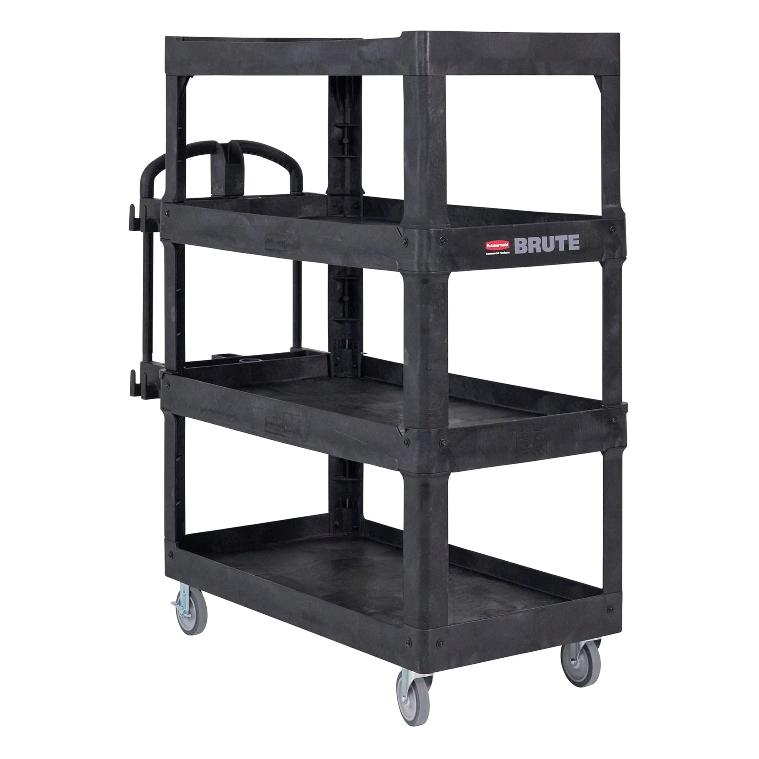 Rubbermaid Commercial Products 4-Shelf Quad Utility/Service Cart, Heavy Duty Large, Lipped Shelf, Ergonomic Handle, 700 lbs. Capacity, for Warehouse/Garage/Cleaning/Manufacturing (2128657) Black