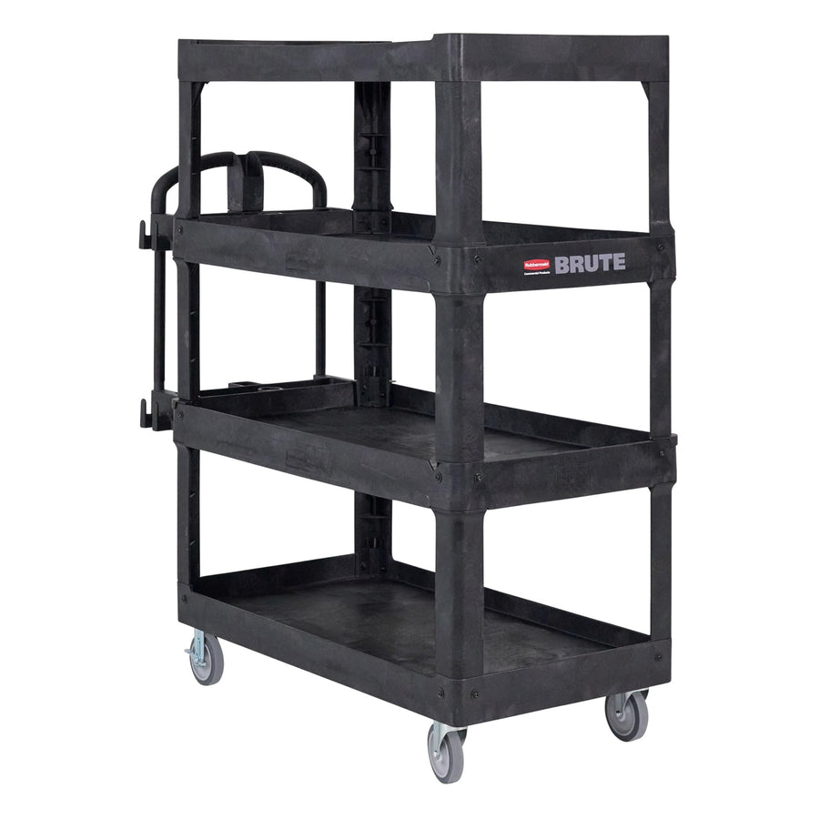 Rubbermaid Commercial Products 4-Shelf Quad Utility/Service Cart, Heavy Duty Large, Lipped Shelf, Ergonomic Handle, 700 lbs. Capacity, for Warehouse/Garage/Cleaning/Manufacturing (2128657) Black