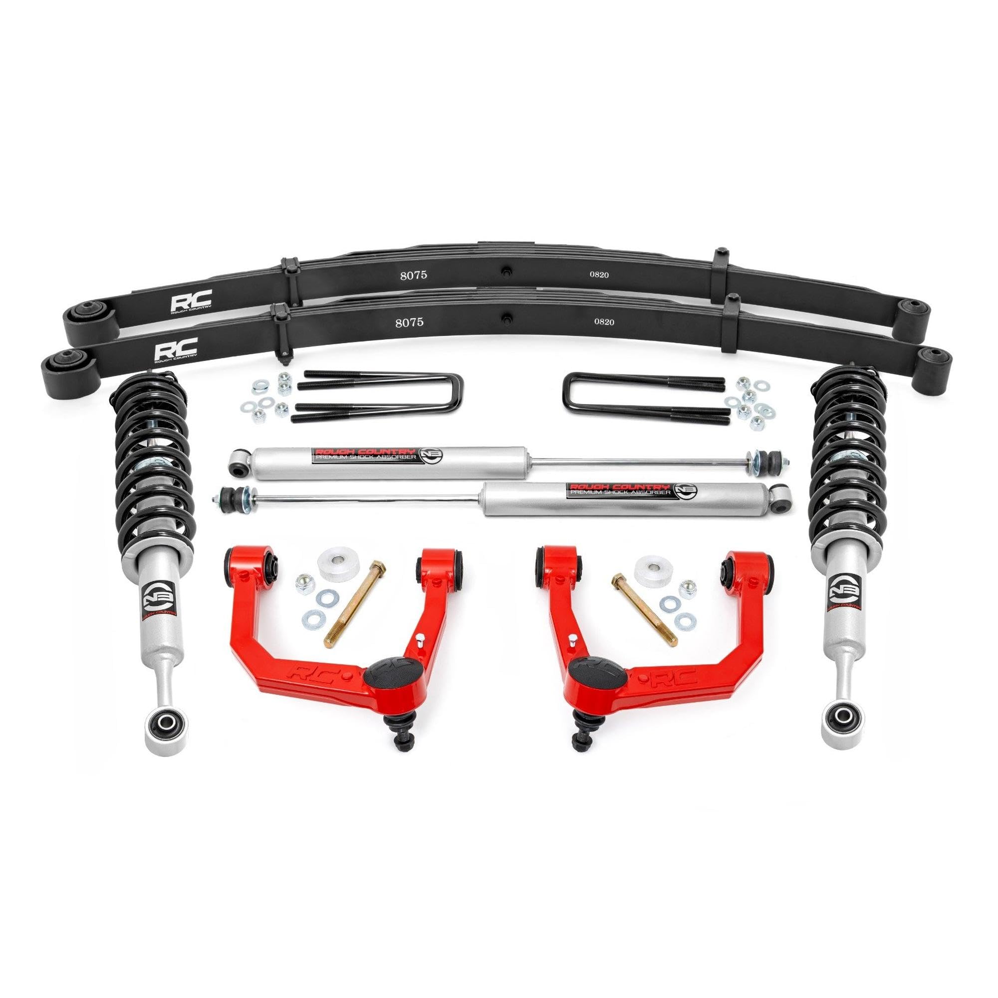 3.5" Rough Country Bolt-On Lift Kit with N3 Struts/N3 Rear Shocks for Toyota Tacoma 4WD (2005-2023) - Lifted Leaf Springs, Red Control Arms
