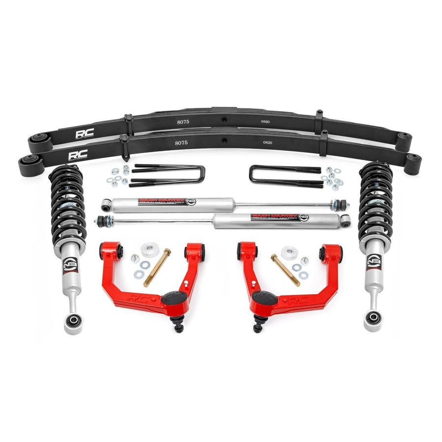 3.5" Rough Country Bolt-On Lift Kit with N3 Struts/N3 Rear Shocks for Toyota Tacoma 4WD (2005-2023) - Lifted Leaf Springs, Red Control Arms