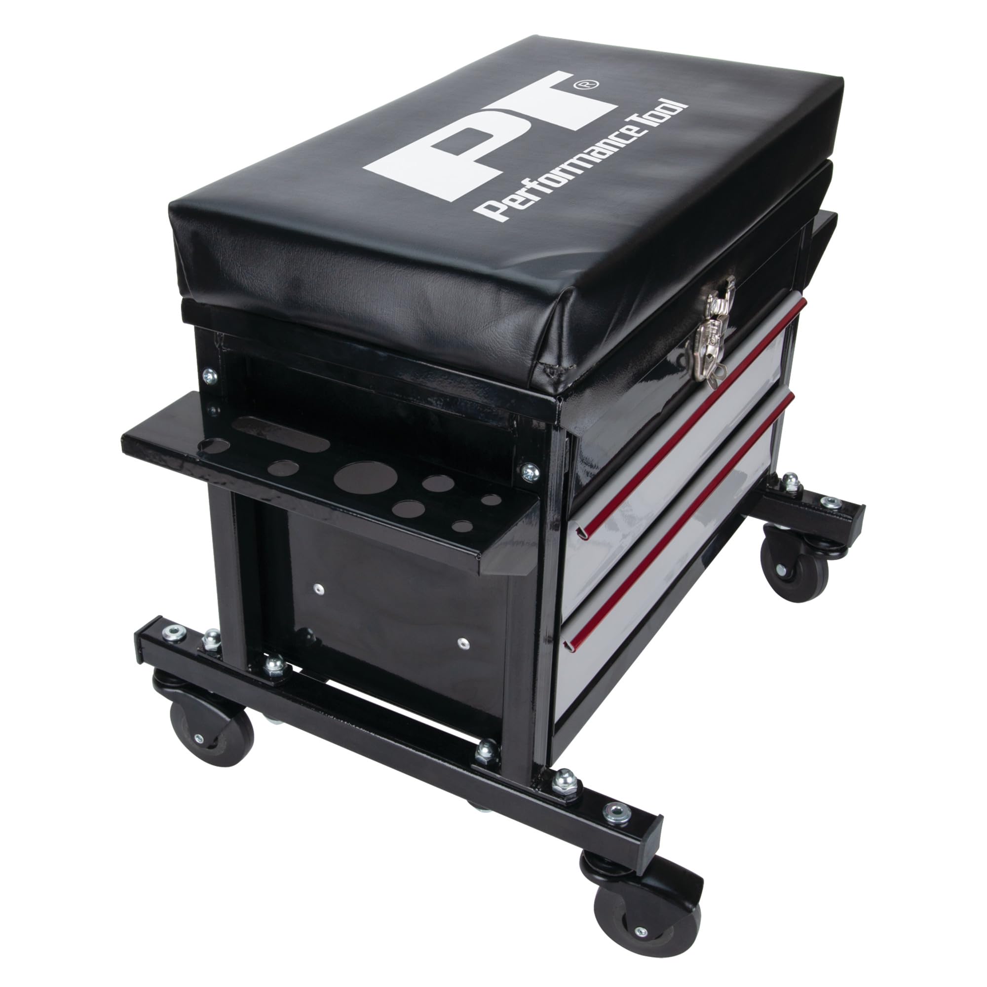 W85024 Performance Tool Drawer Creeper Rolling Work Seat with Tool Box for Mechanic Garages and Workshops, Black, 16x9-inch Seat