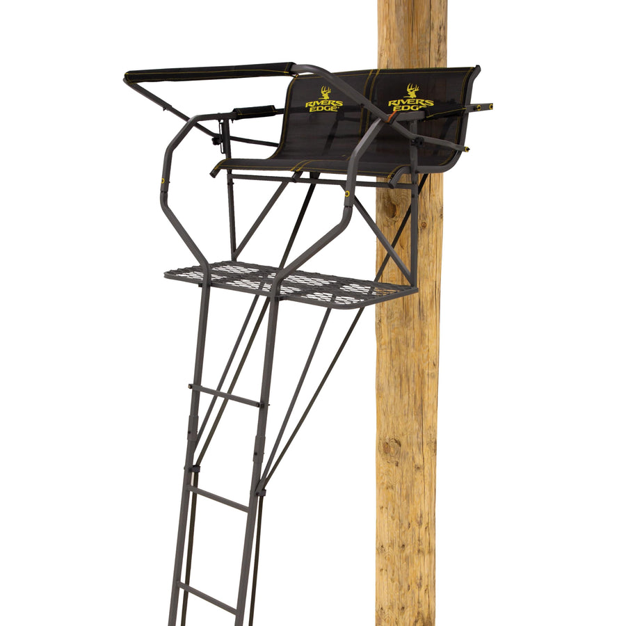 Relax 2-Man LS Ladder Stand, Rivers Edge, 16’10” Height, Lockdown Strapping System, Large Platform, TearTuff Mesh Seat, Flip-Back Shooting Rail, RE673