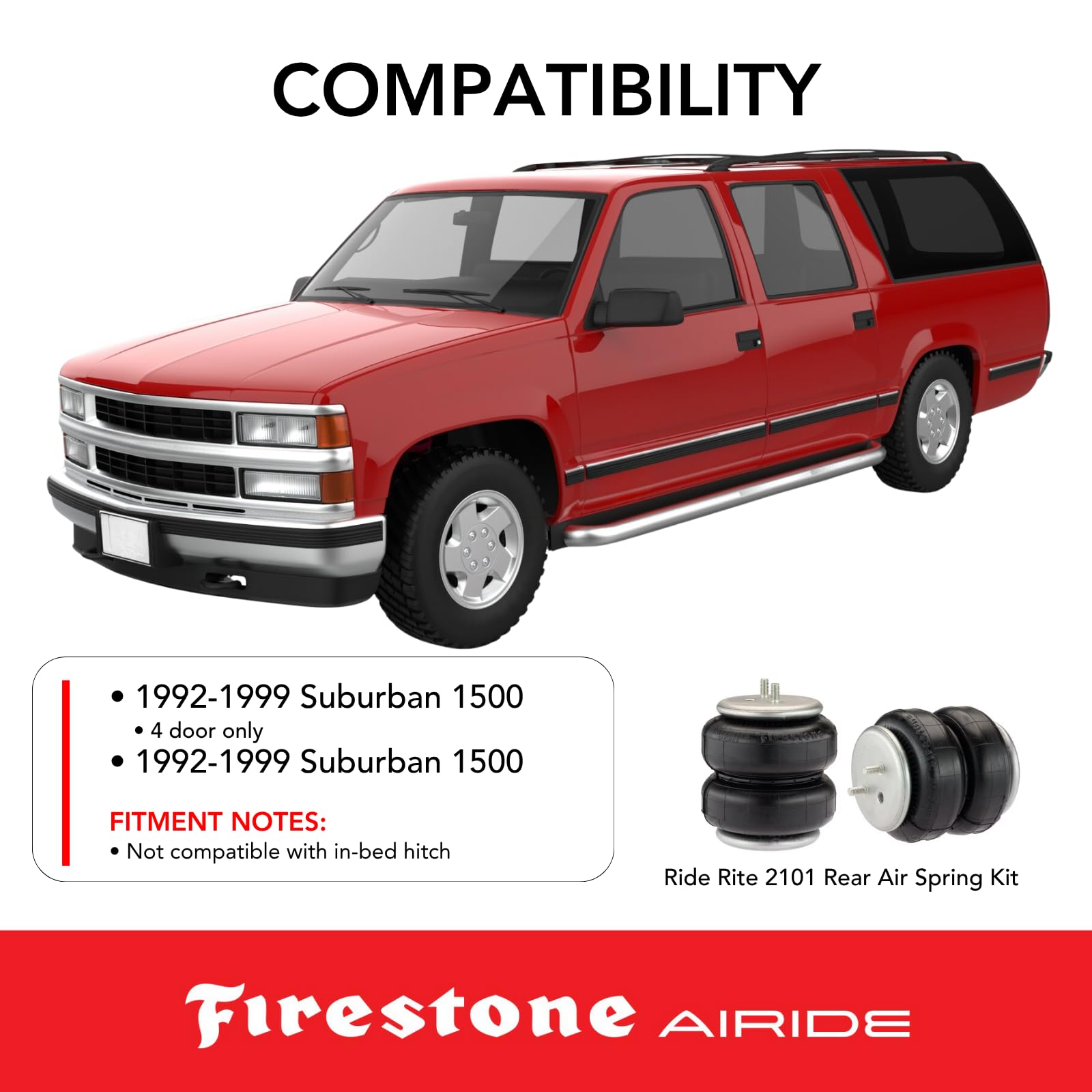 Firestone 2101 Airide Ride-Rite Rear Springs Kit fits 1992-1999 Suburban 1500 | 5-100 PSI | 5,000 lbs Load Capacity | Increased Road Safety | Prevents Irreversible Sagging