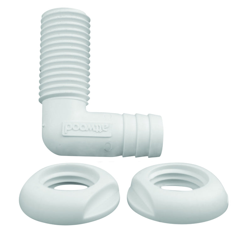 90-Degree Attwood Polypropylene Thru-Hull Connector, White Finish 3877-3