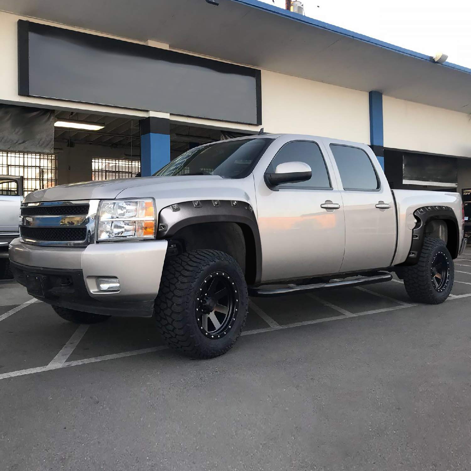 4PC Spec-D Tuning Front + Rear Smooth Bolt On Pocket Style Fender Flares Black Compatible with 2007-2013 Chevy Silverado 1500 69" Short Bed