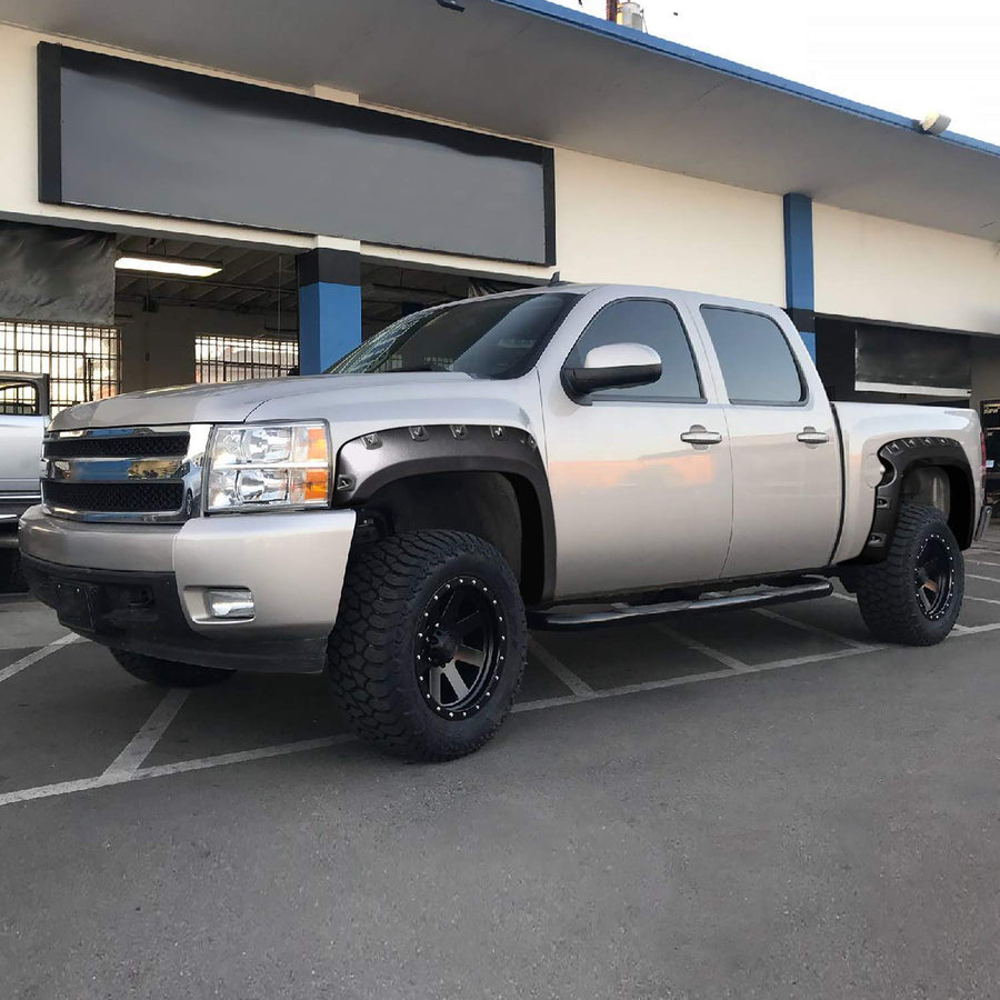 4PC Spec-D Tuning Front + Rear Smooth Bolt On Pocket Style Fender Flares Black Compatible with 2007-2013 Chevy Silverado 1500 69" Short Bed