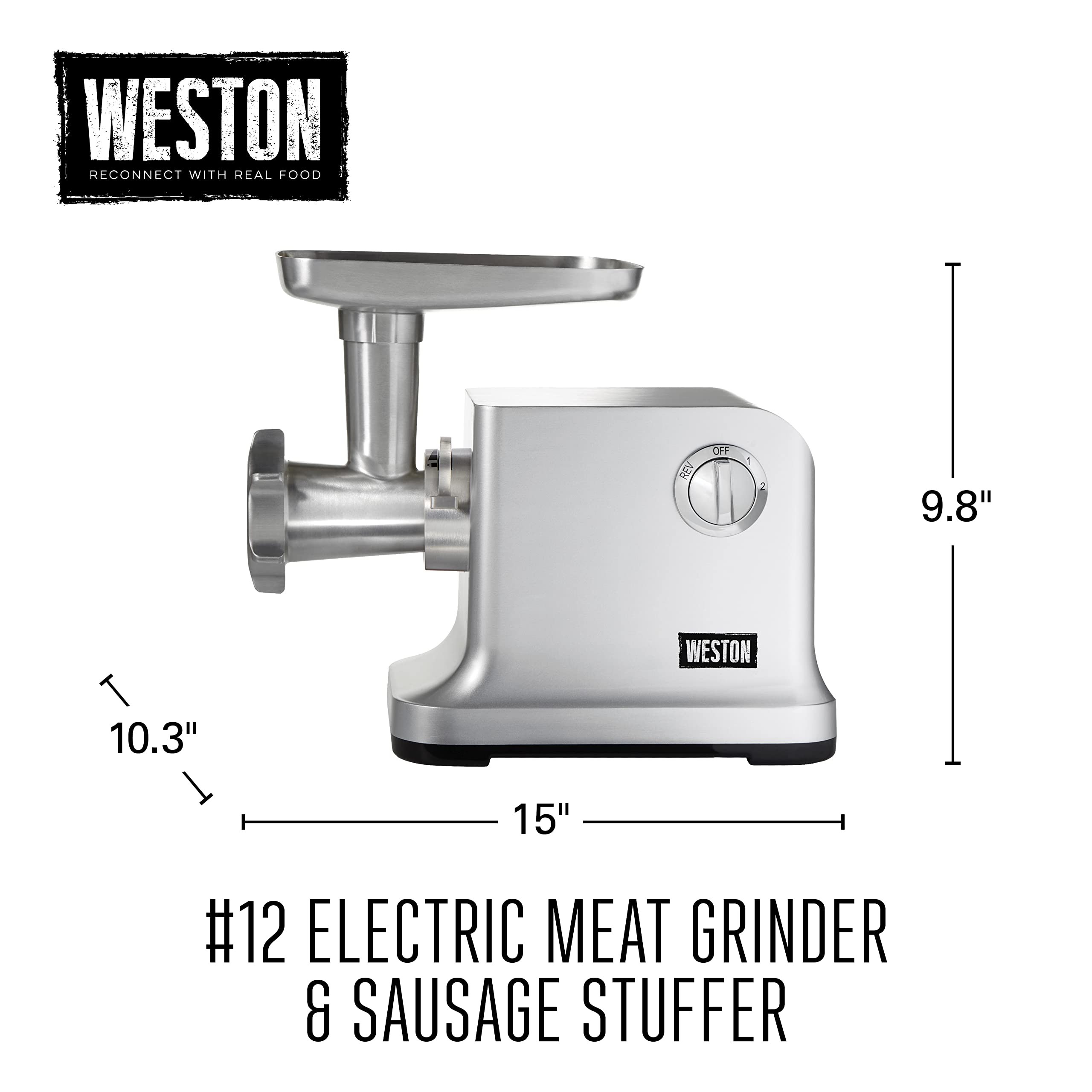 Electric Weston Meat Grinder & Sausage Stuffer, #12 750 Watt, 1 HP Motor, Grinds 4 lbs Per Minute, Includes Stainless Steel Grinding Plates, Die-Cast Aluminum (33-1301-W)