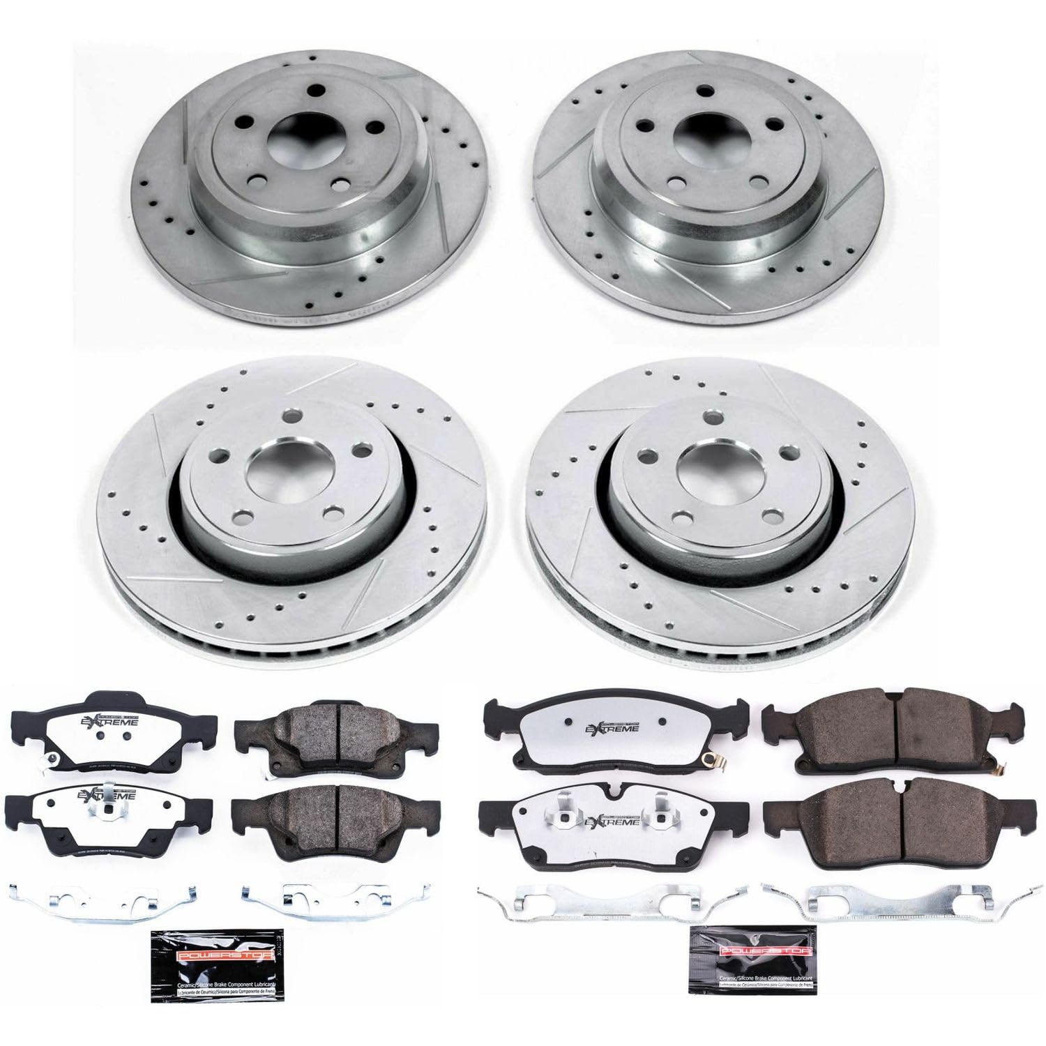 Front and Rear Brake Kit Power Stop For 2017 2018 2019 2020 Jeep Grand Cherokee - Truck & Tow Carbon Fiber Ceramic Brake Pads & Drilled and Slotted Rotors Replacement, K7413-36