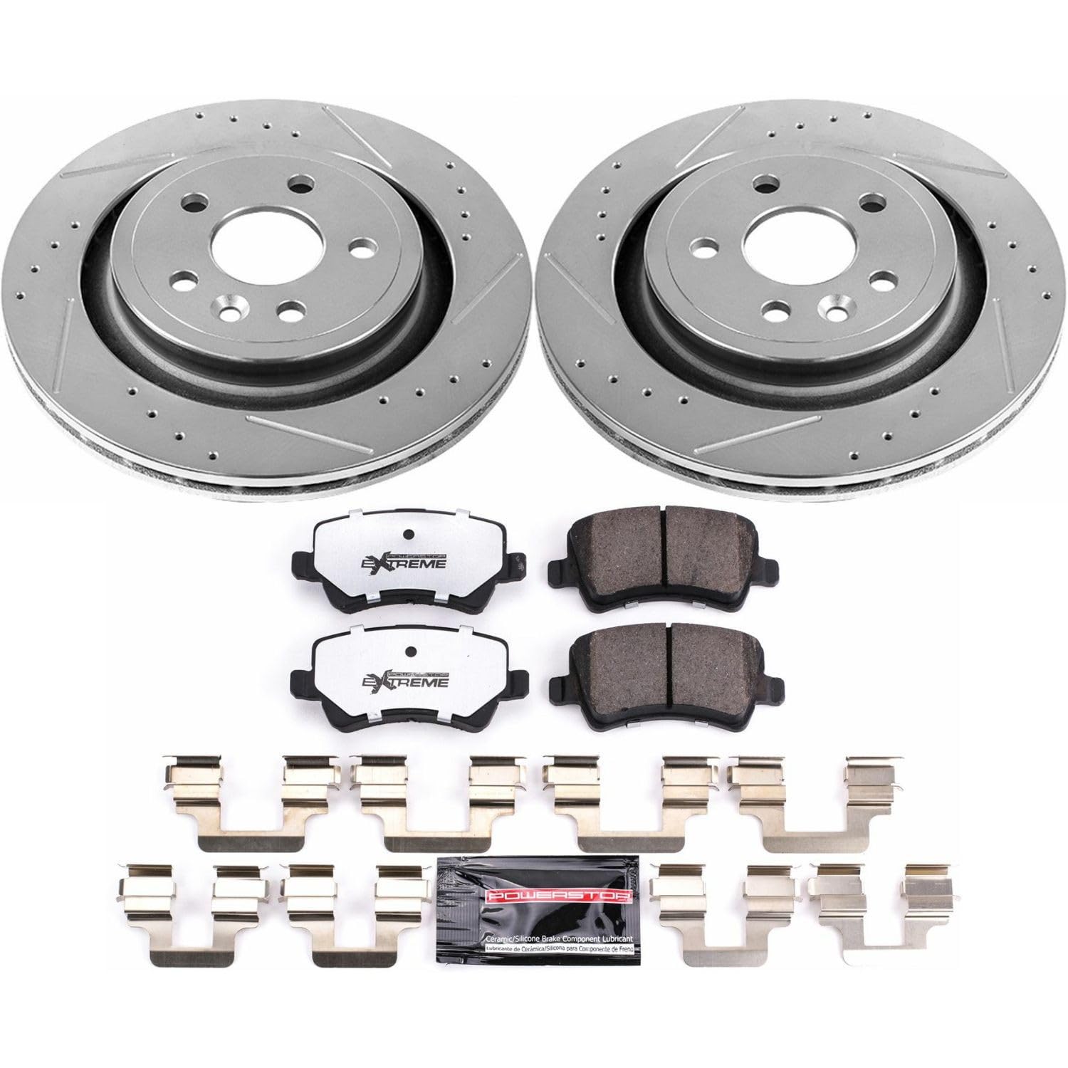 Rear Brake Kit Power Stop For 2011 2012 2013 2014 2015 2016 2017 2018 Volvo S60 - Truck & Tow Carbon Fiber Ceramic Brake Pads & Drilled and Slotted Rotors Replacement, K4702-36