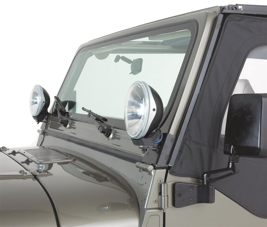 Windshield Hinge Light Bracket RAMPAGE PRODUCTS for Jeep Wrangler/CJ | Pair, Steel, Black | 7609 | Fits 1976-1983 Jeep CJ5 / 1976-1986 Jeep CJ7 / 1987-1995 Wrangler YJ