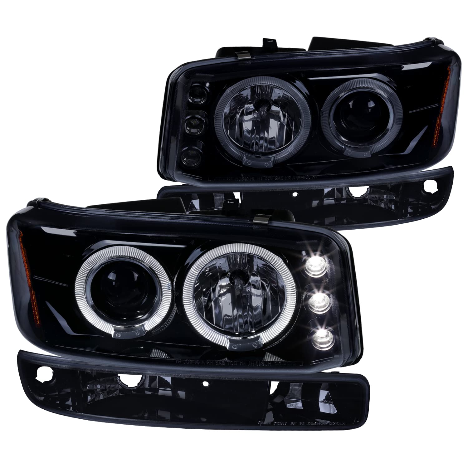 Black Smoke LED Halo Projector Headlights + Bumper Lights SPEC-D TUNING Compatible with 1999-2006 GMC Sierra 1500/2500/3500, Left + Right Pair Headlamps Assembly