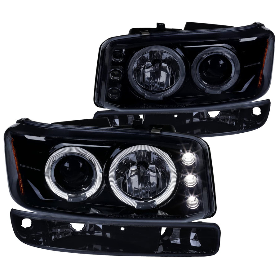 Black Smoke LED Halo Projector Headlights + Bumper Lights SPEC-D TUNING Compatible with 1999-2006 GMC Sierra 1500/2500/3500, Left + Right Pair Headlamps Assembly