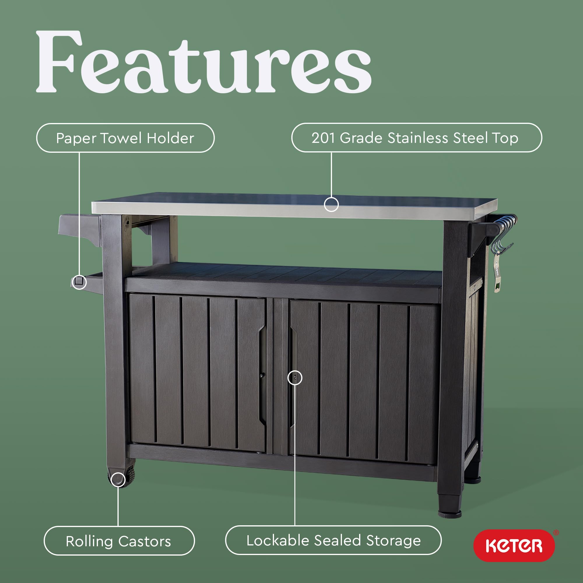 Keter Outdoor Rolling Table Cart for Food Prep, Storage, Dark Brown Bar & Grill - Portable Kitchen Island Tabletop with Wheels for Drinks, Snacks, and Cooking