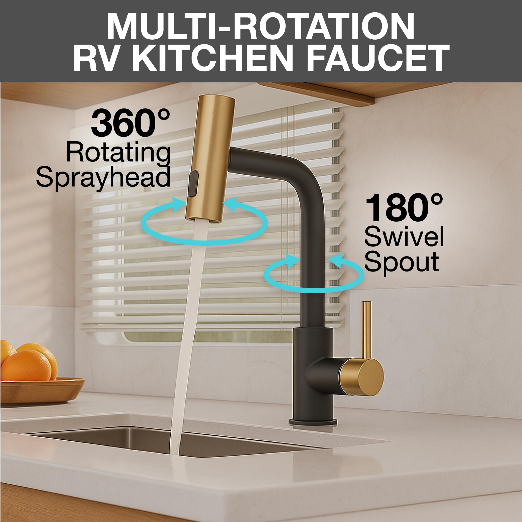 Dura Faucet Rainfall (DF-MK511X-MBMG) RV Kitchen Faucet – Matte Black/Matte Gold, Dual-Mode Rotating Spray Head (Wide Waterfall & Stream), Single Lever Handle, Lead-Free, Easy Install Sink Faucet