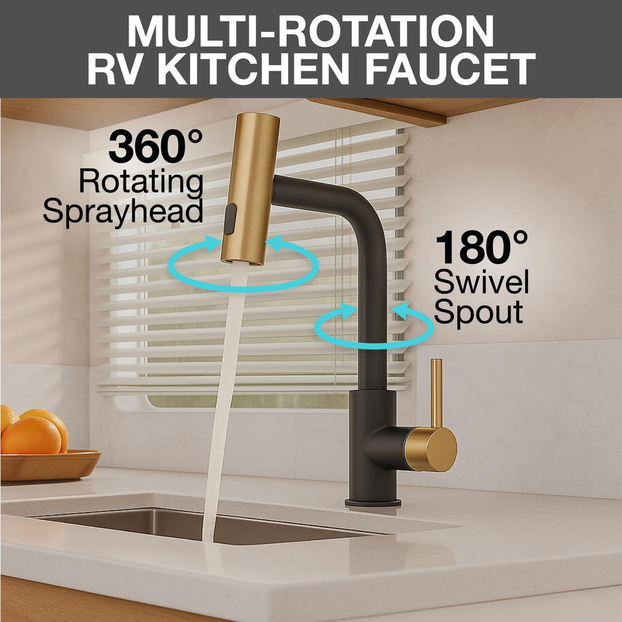 Dura Faucet Rainfall (DF-MK511X-MBMG) RV Kitchen Faucet – Matte Black/Matte Gold, Dual-Mode Rotating Spray Head (Wide Waterfall & Stream), Single Lever Handle, Lead-Free, Easy Install Sink Faucet