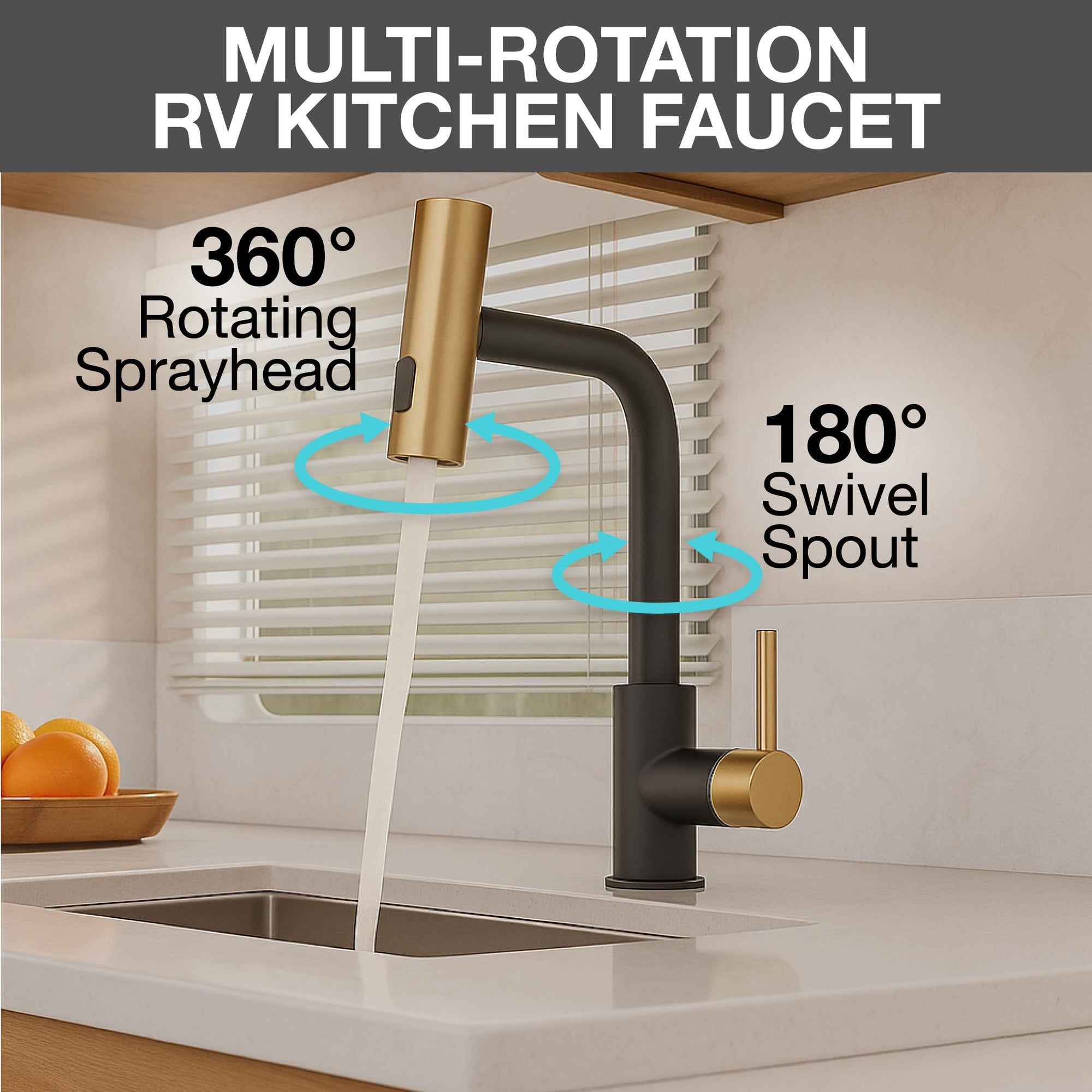 Dura Faucet Rainfall (DF-MK511X-MBMG) RV Kitchen Faucet – Matte Black/Matte Gold, Dual-Mode Rotating Spray Head (Wide Waterfall & Stream), Single Lever Handle, Lead-Free, Easy Install Sink Faucet