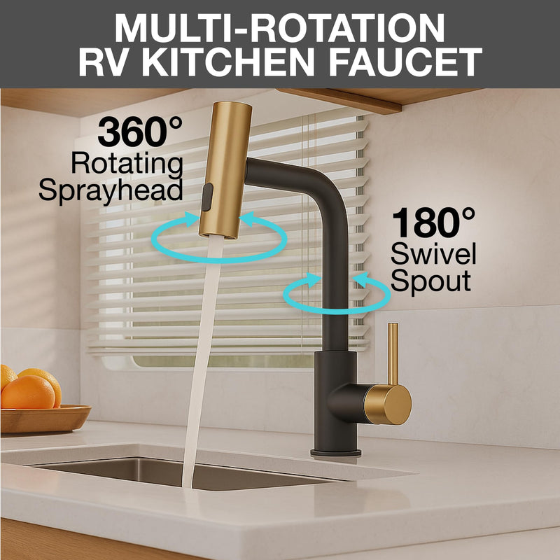 Dura Faucet Rainfall (DF-MK511X-MBMG) RV Kitchen Faucet – Matte Black/Matte Gold, Dual-Mode Rotating Spray Head (Wide Waterfall & Stream), Single Lever Handle, Lead-Free, Easy Install Sink Faucet