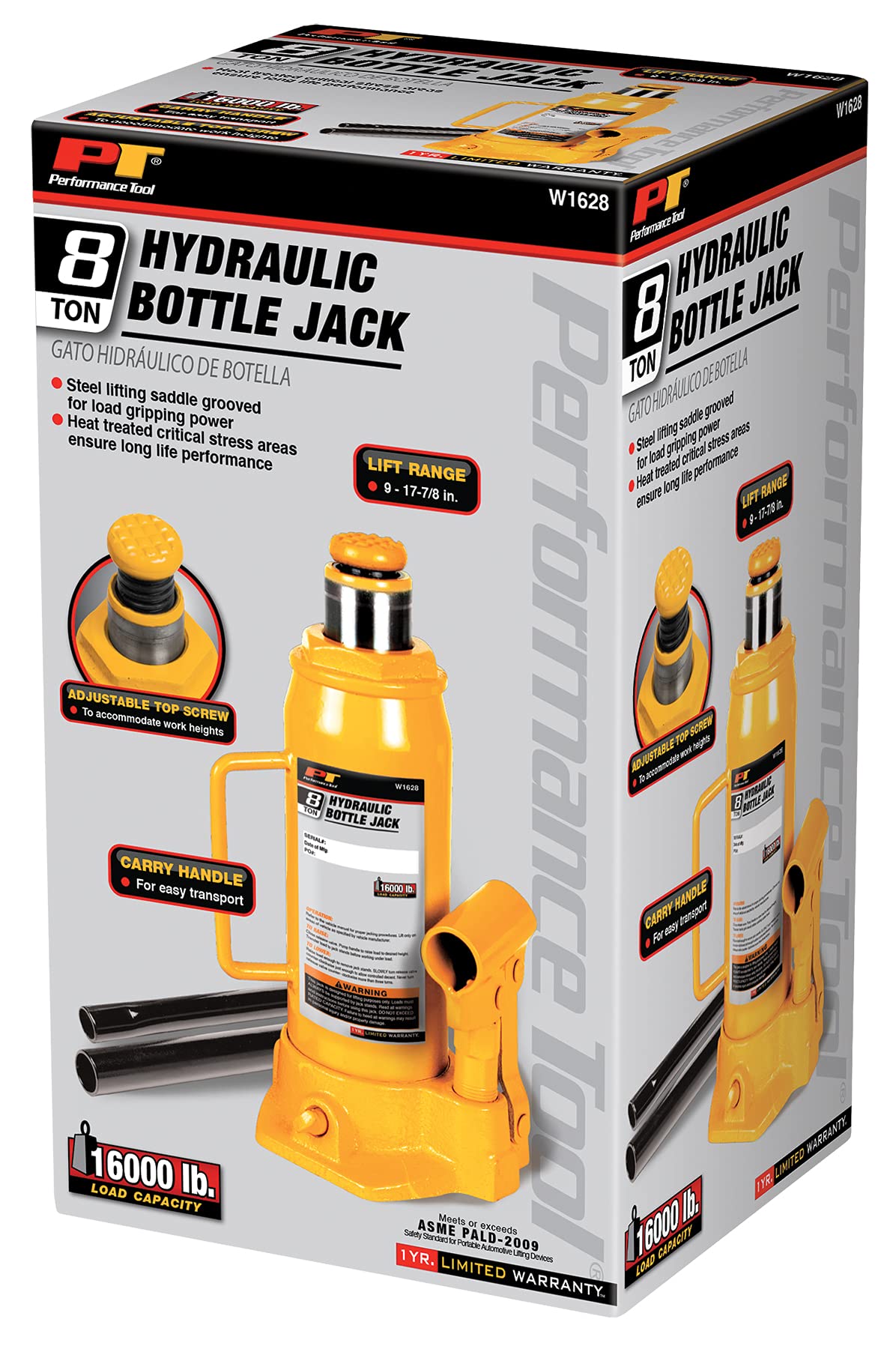 Heavy Duty Performance Tool W1628 8-Ton (16,000 lbs.) Hydraulic Bottle Jack