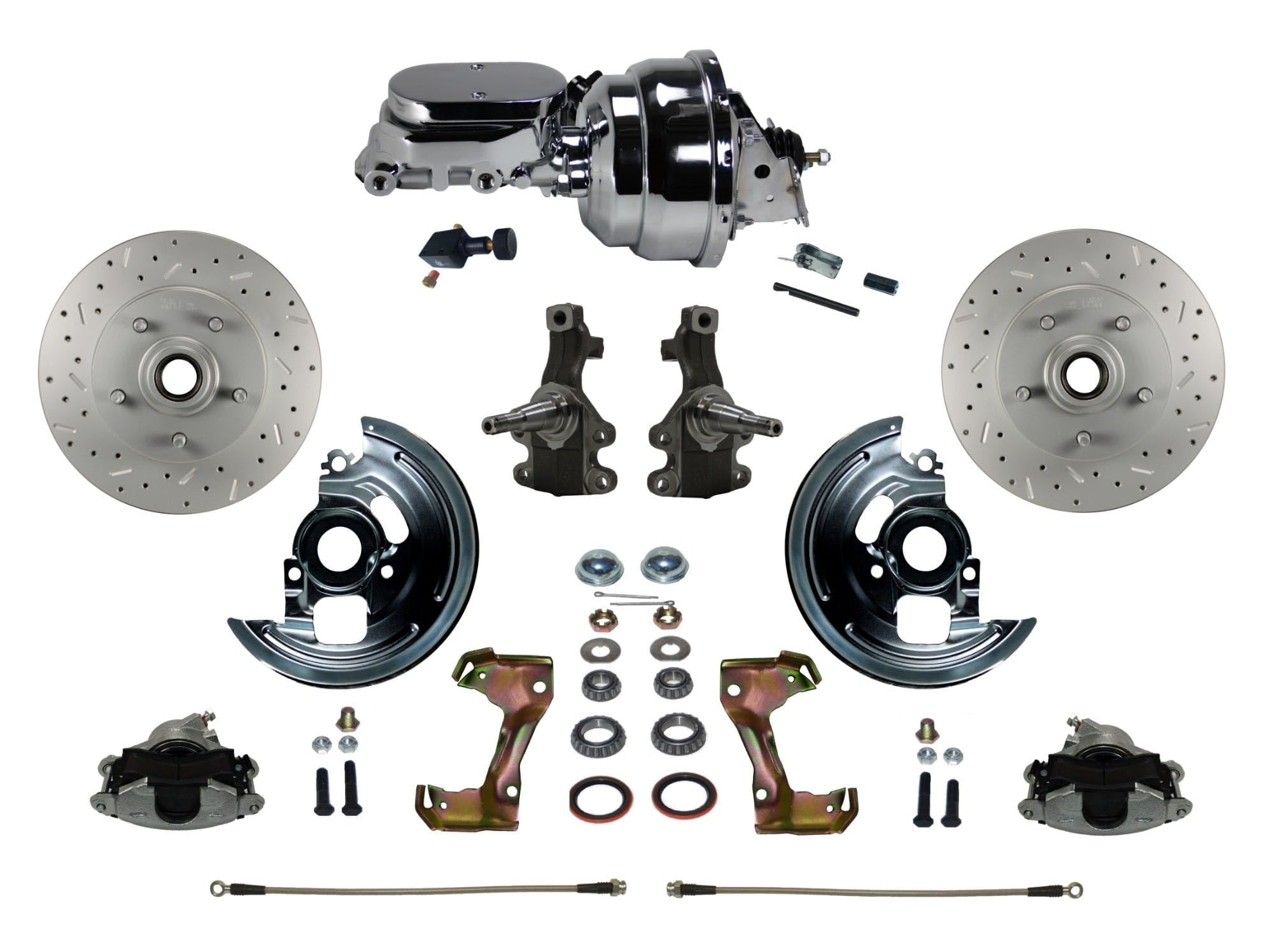 Power Brakes Leed Front Disc Brake Conversion Kit 2' Drop Spindles Cross Drilled And Slotted Rotors With 8" Dual Chrome Booster Flat Top Chrome M/C Adjustable Proportioning Valve
