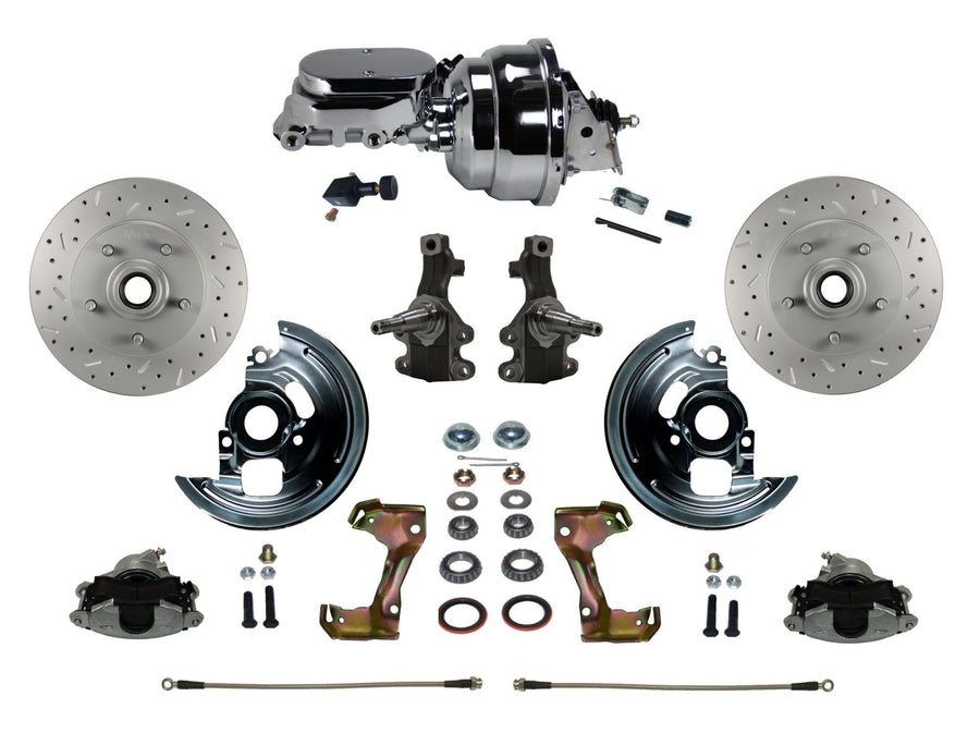 Power Brakes Leed Front Disc Brake Conversion Kit 2' Drop Spindles Cross Drilled And Slotted Rotors With 8" Dual Chrome Booster Flat Top Chrome M/C Adjustable Proportioning Valve