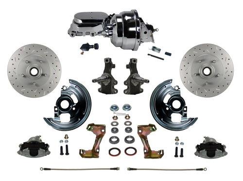 Power Brakes Leed Front Disc Brake Conversion Kit 2' Drop Spindles Cross Drilled And Slotted Rotors With 8" Dual Chrome Booster Flat Top Chrome M/C Adjustable Proportioning Valve