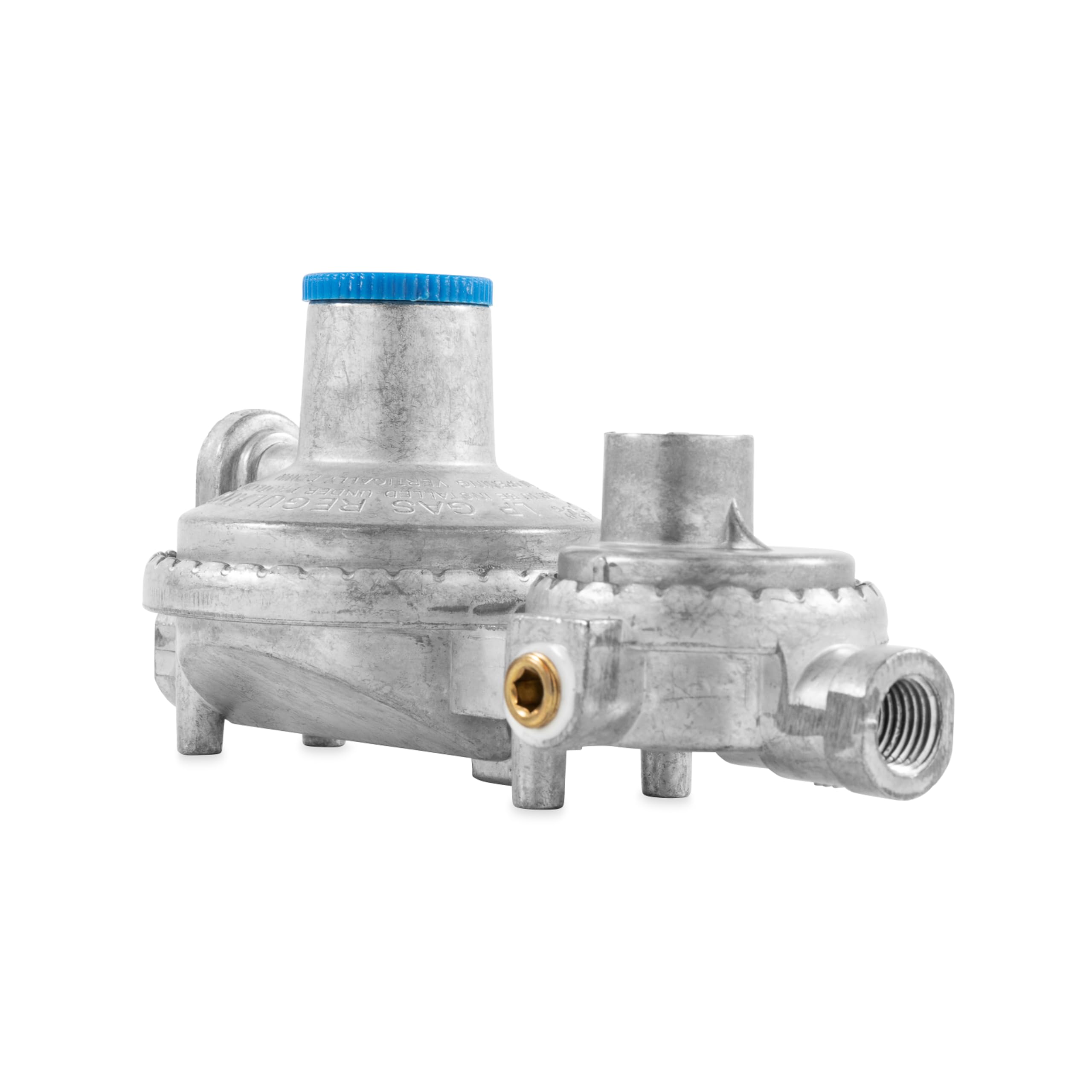 Vertical Camco Two Stage Propane Regulator - Compatible with 20 lb or 30 lb Propane Tanks with ACME Threads - 1/4-inch Female NPT inlet and 3/8-inch Female NPT outlet (59313)