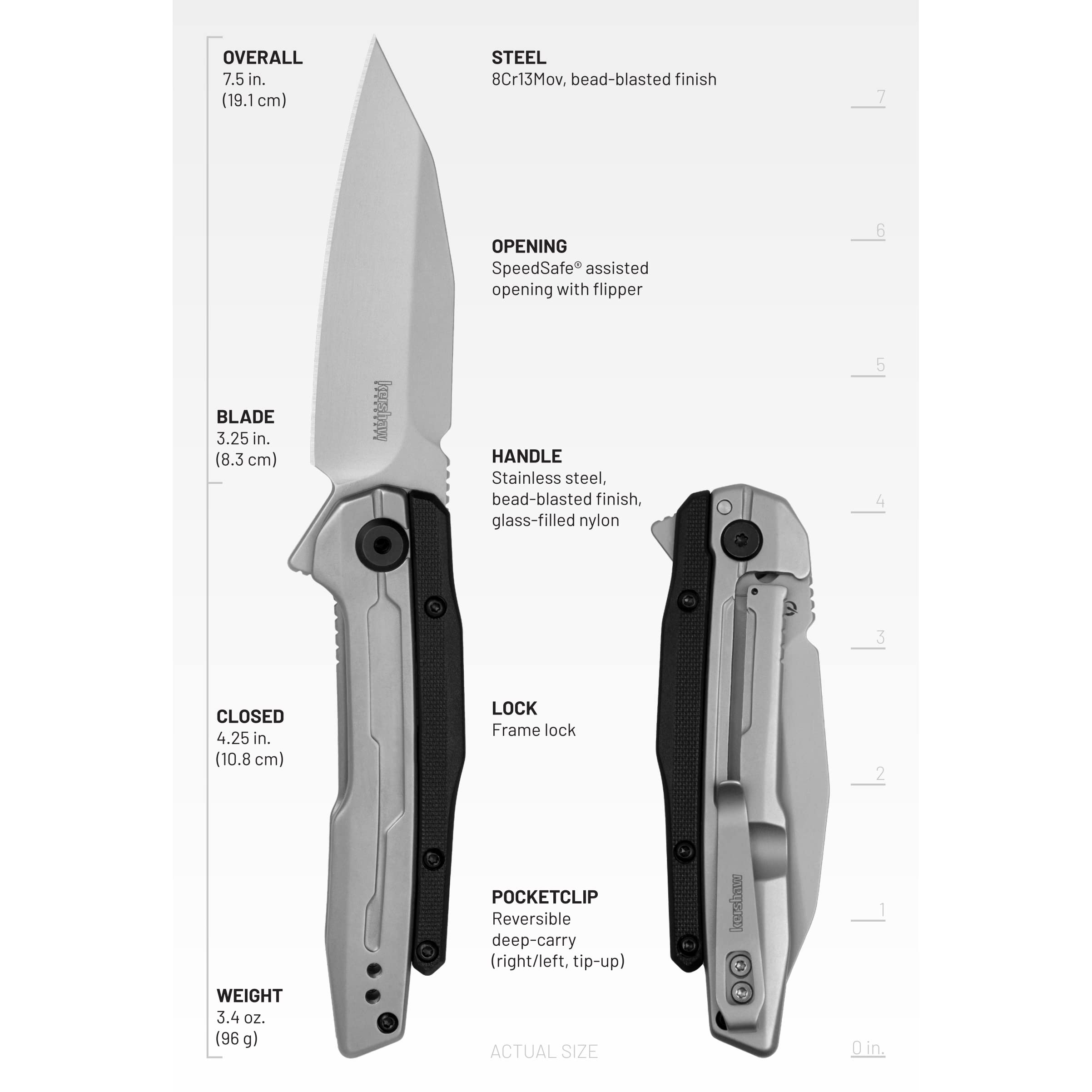 Kershaw Assisted Opening Lithium Pocket Knife, Futuristic Design, 3.25 inch Blade with Stainless Steel Handle, Reverse Tanto, Pocketclip, Silver