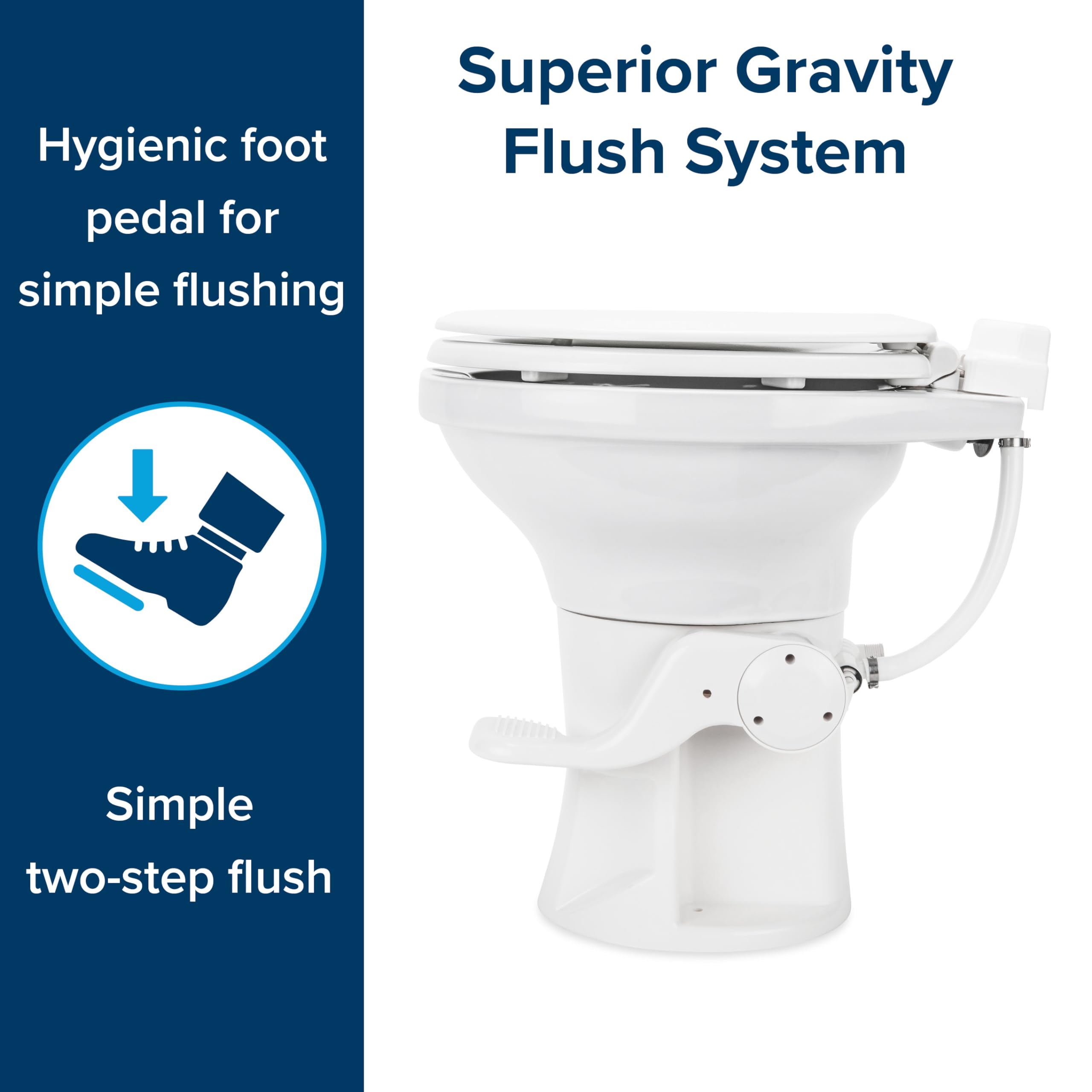 Camco Premium Camper/RV Ceramic Toilet - Features Gravity Flush System with Convenient Foot Pedal & Full-Sized Ergonomic Design with 18" Chair Height - Soft-Close Wood Seat & Lid - White (41710)