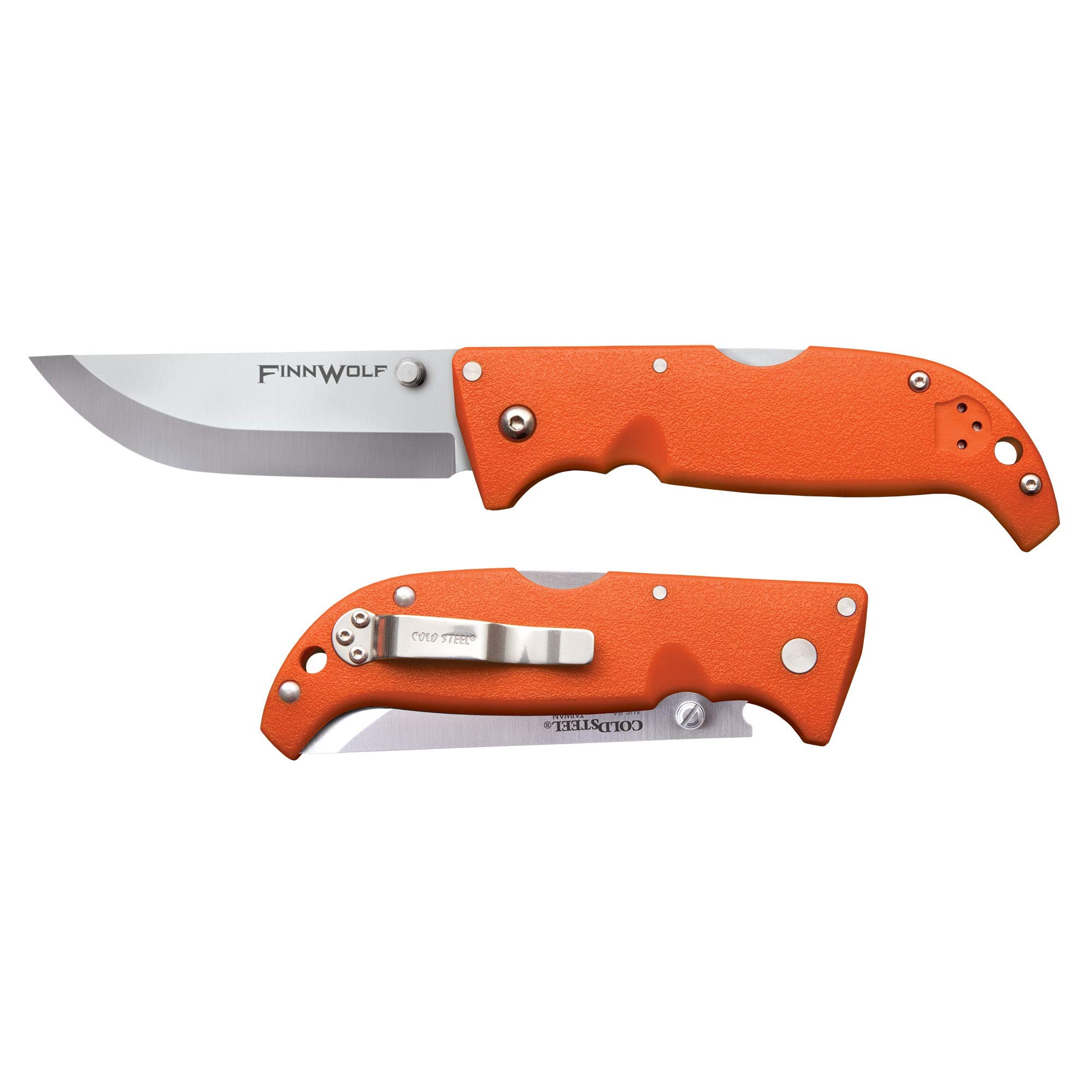 Cold Steel 3.5in Finn Wolf AUS8A Razor-Sharp Straight Back Blade 4.375in Griv-Ex Blaze Orange Handle Hunting Folding Knife, Boxed