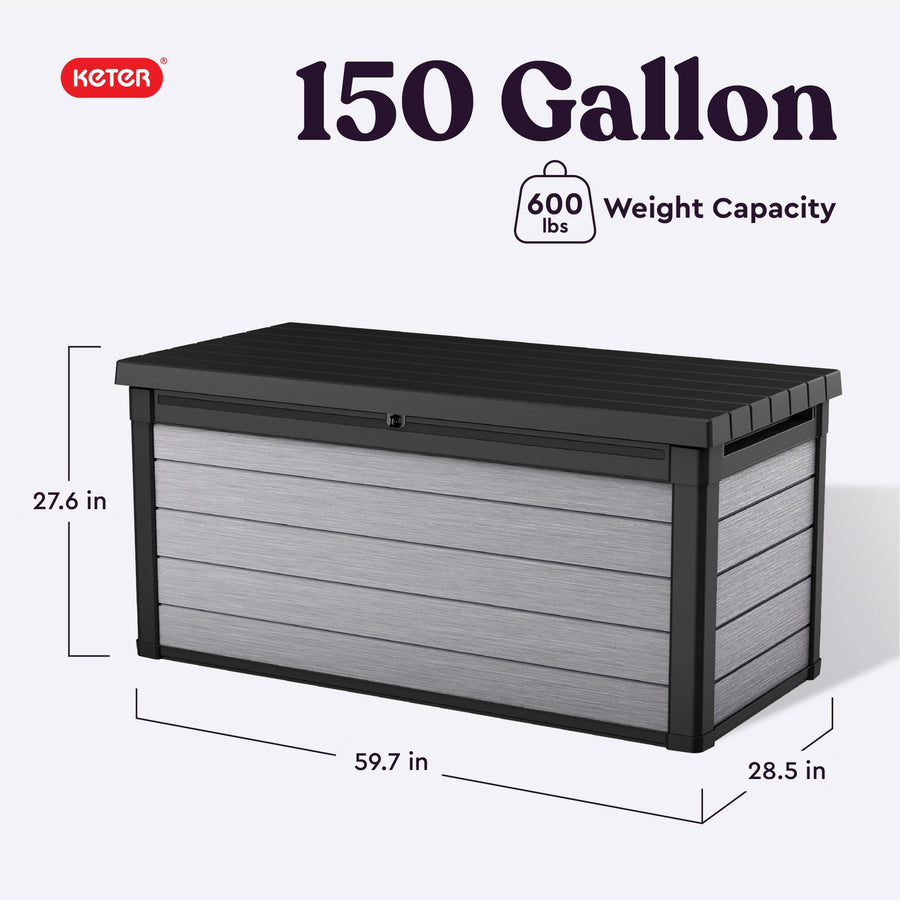 Keter 150 Gallon Denali Resin Large Deck Box with Double Wall 20mm Panels - Paintable and Drillable-Organization and Storage for Patio Furniture and Outdoor Items, Grey & Black