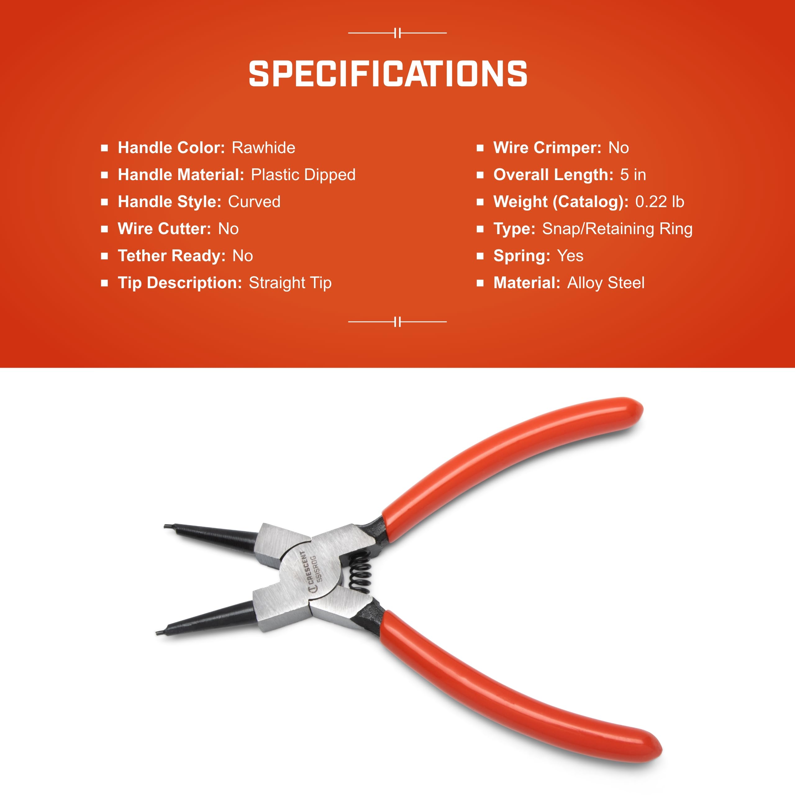 Crescent Internal Snap Ring Pliers Straight - Installation & Removal Tool for Home Improvement, Repair & Mechanic Use - 5" - 5SISRDG