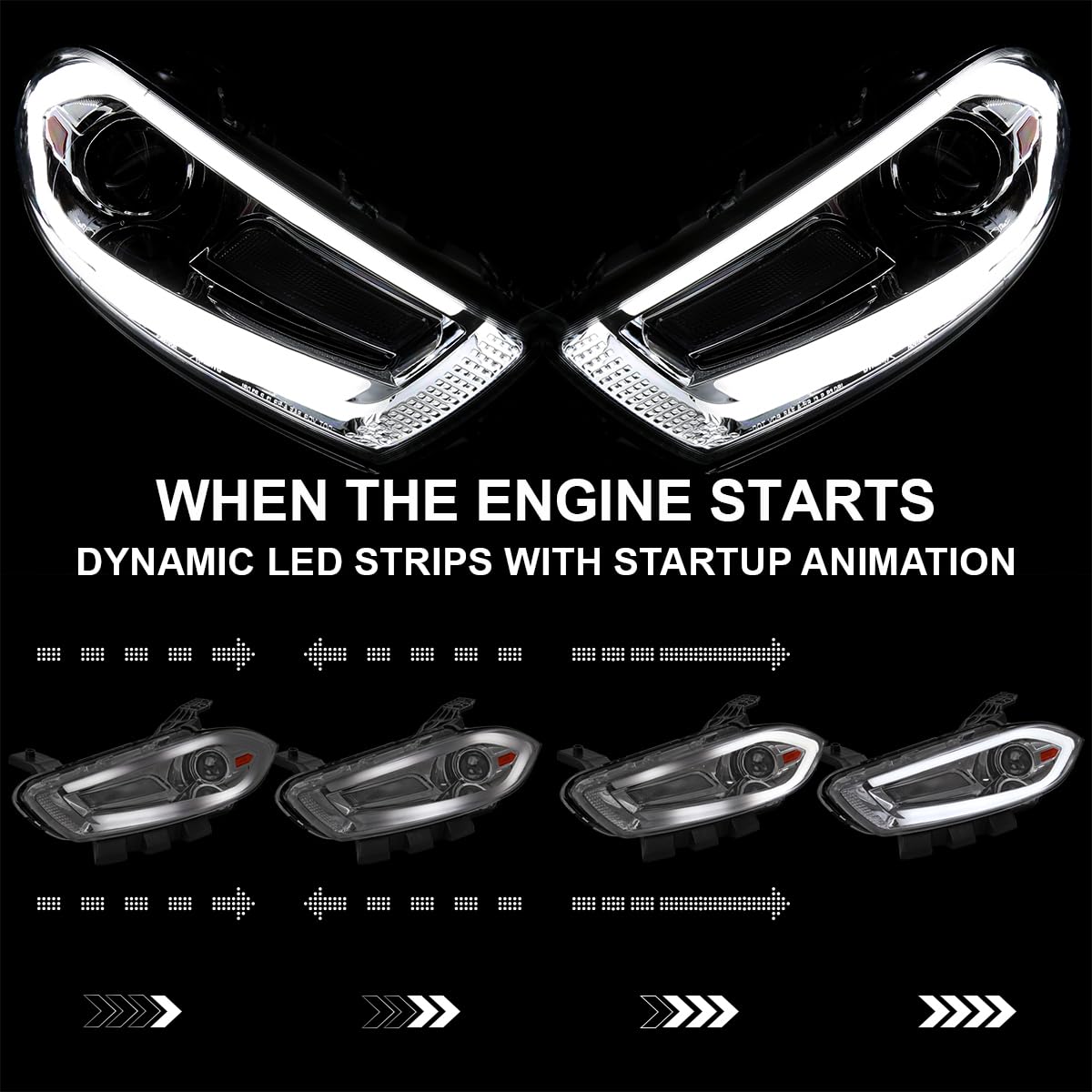 Chrome Projector Headlights SPEC-D TUNING w/Switchback Sequential LED Signal Tube and Startup Animation Compatible with 2013-2016 Dodge Dart, Left + Right Pair Headlamps Assembly