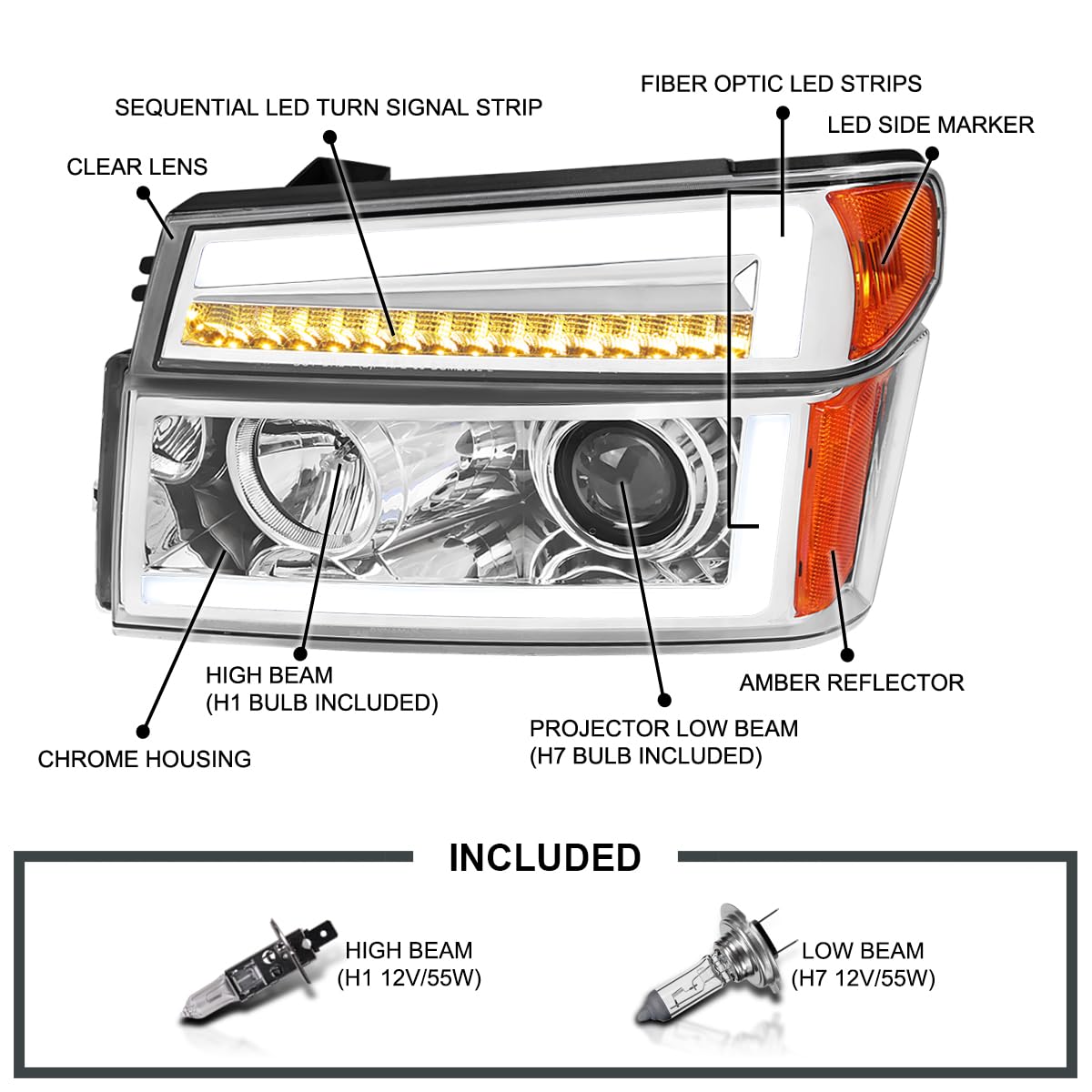 Chrome Projector Headlights SPEC-D TUNING with Sequential LED Turn Signal Light Compatible with 2004-2012 Chevy Colorado, Left + Right Pair Headlamps Assembly